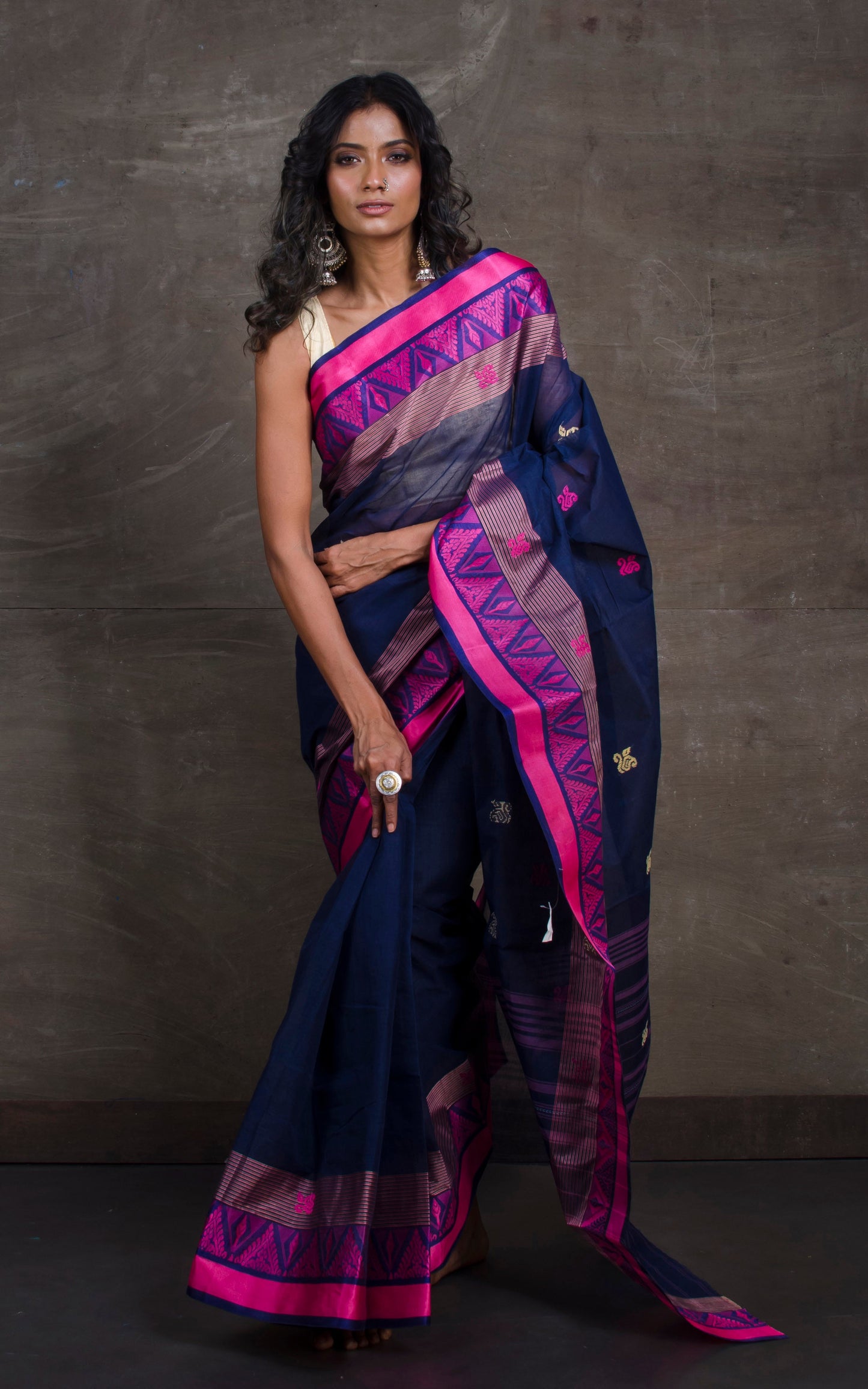 Bengal Handloom Begampuri Cotton Saree in Deep Blue, Pink and Beige