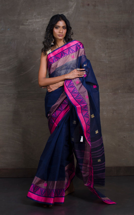 Bengal Handloom Begampuri Cotton Saree in Deep Blue, Pink and Beige