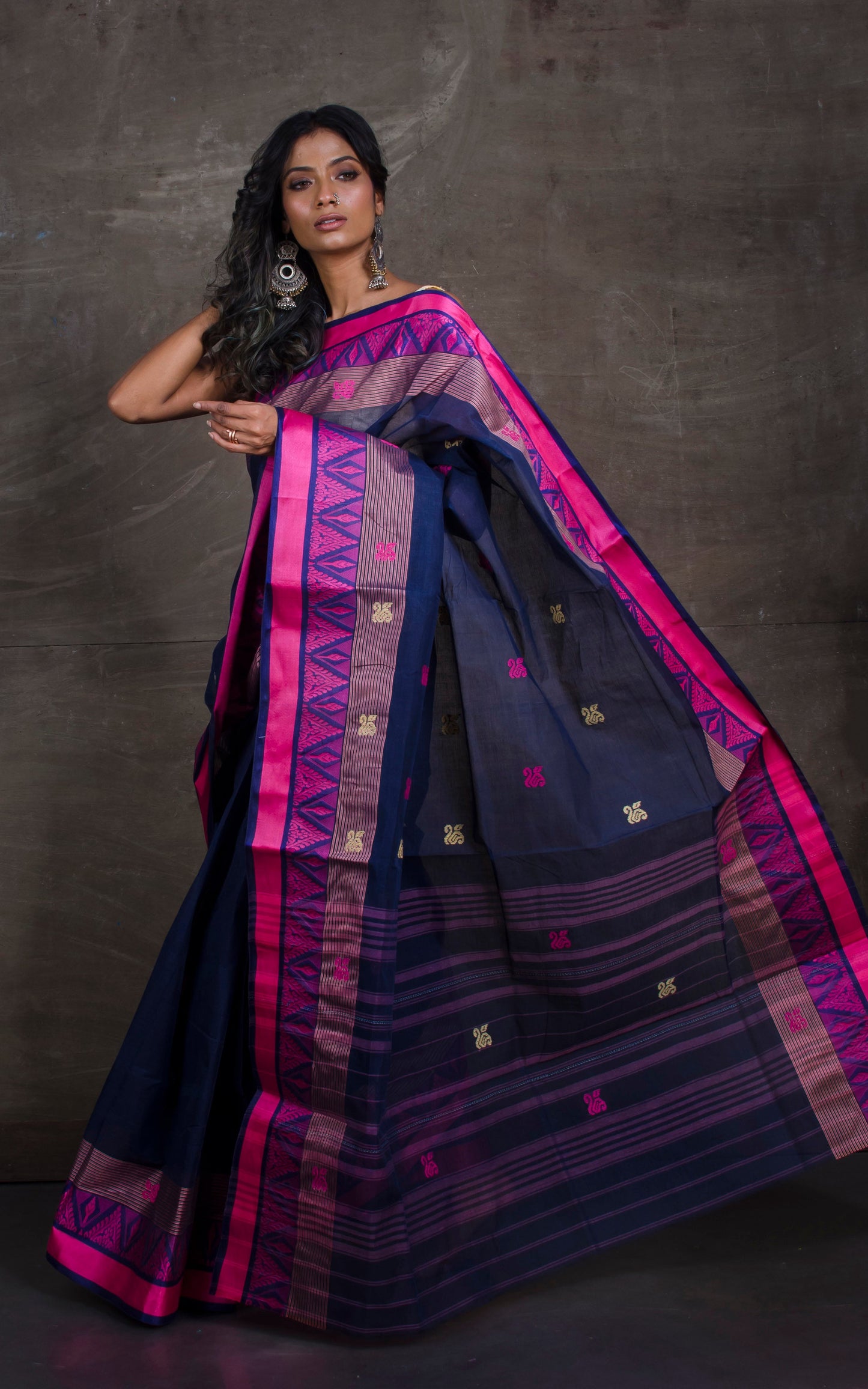 Bengal Handloom Begampuri Cotton Saree in Deep Blue, Pink and Beige