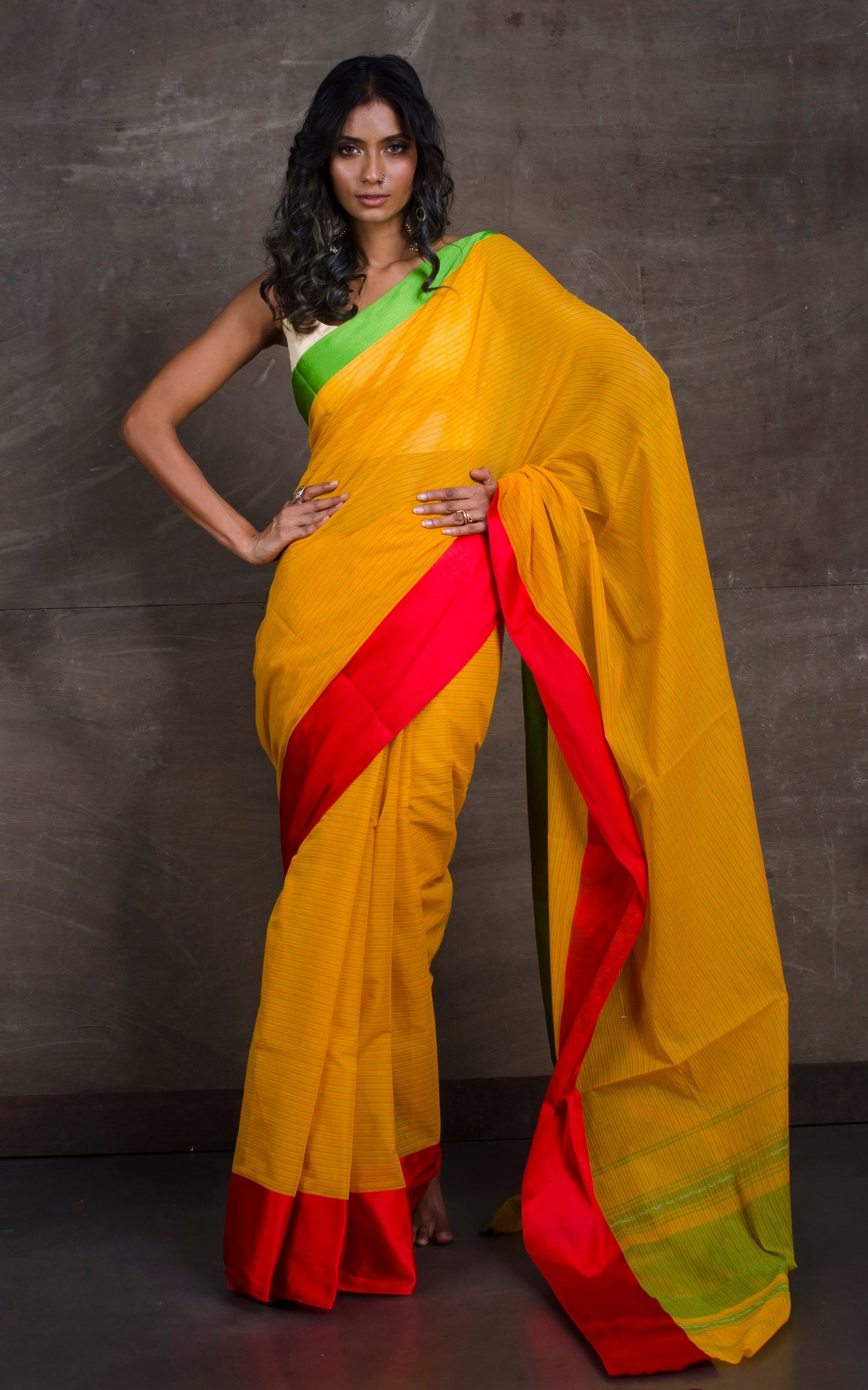 Bengal Handloom Designer Cotton Saree in Yellow, Red and Green