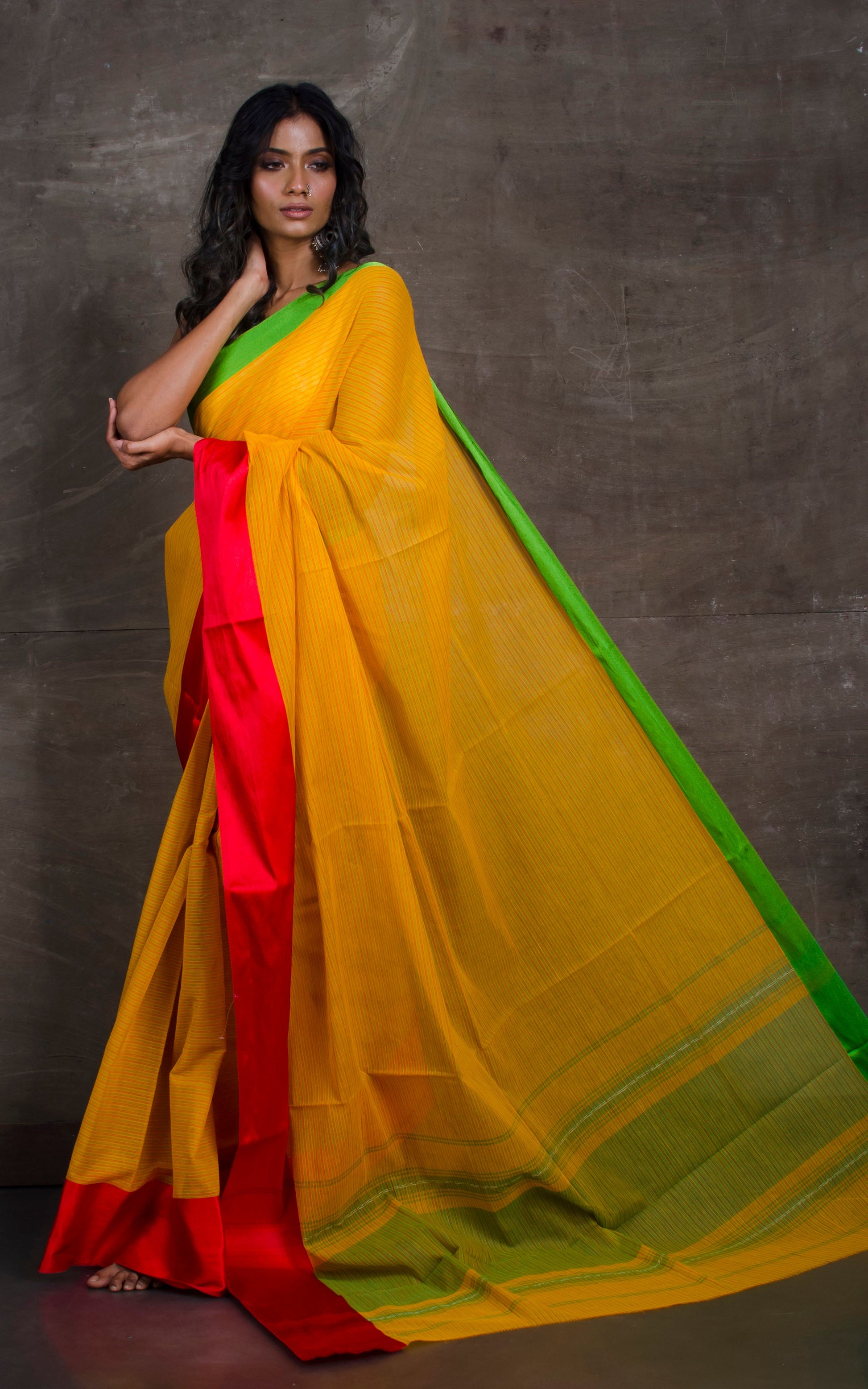 Bengal Handloom Designer Cotton Saree in Yellow, Red and Green