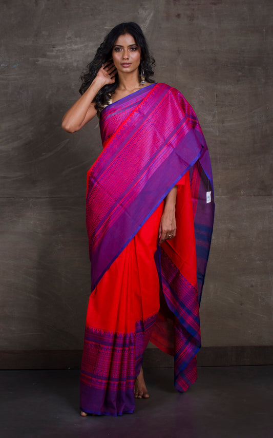 Bengal Handloom Designer Skirt Mahapar Cotton Saree in Bright Red and Purple