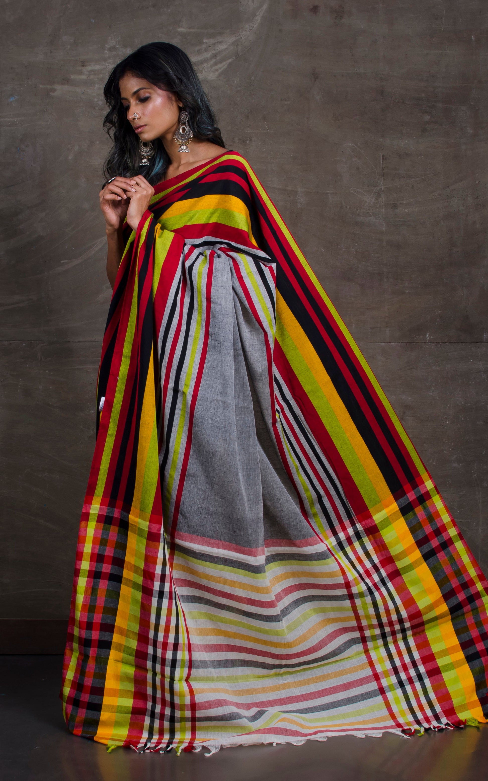 Designer Stripes Border Bengal Handloom Cotton Saree in Charcoal Grey, Red and Multicolored