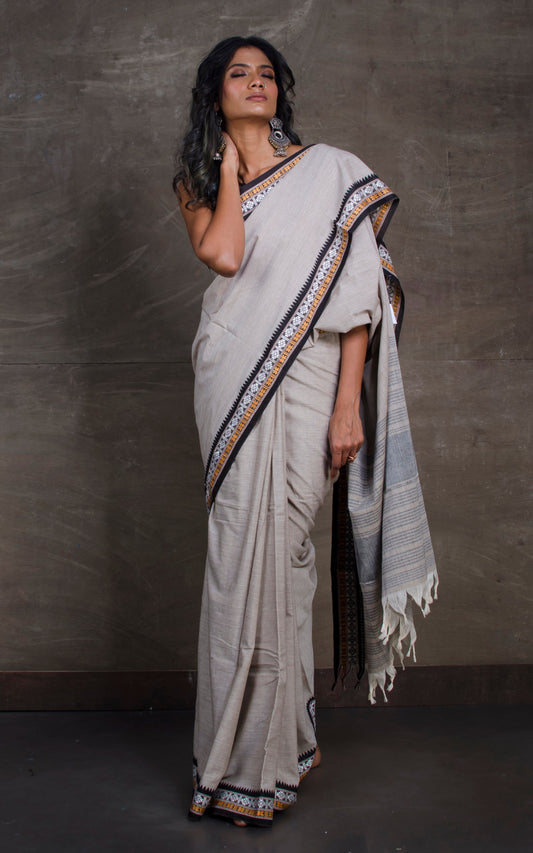 Bengal Handloom Designer Cotton Saree in Ash, Beige, Black and White