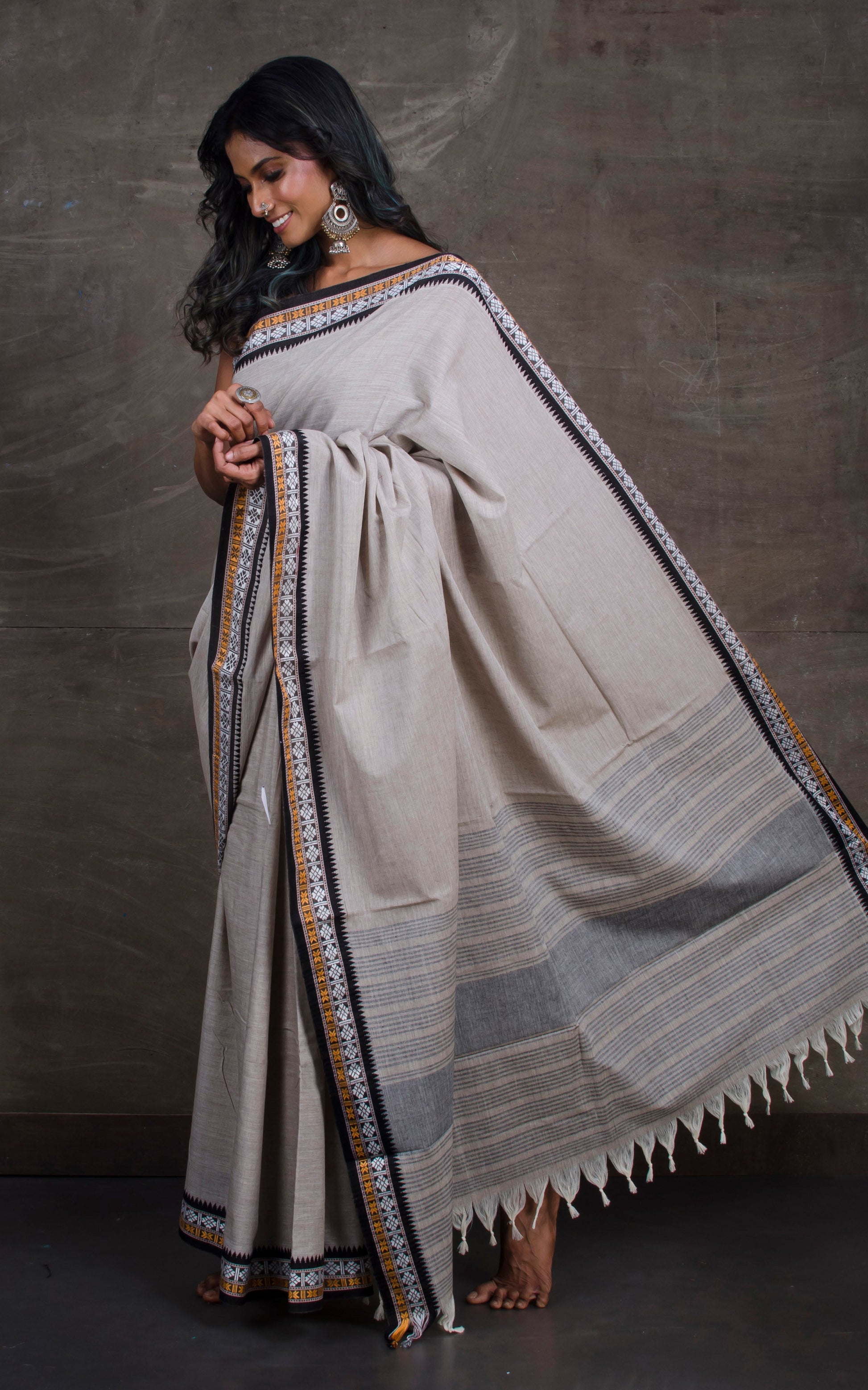 Bengal Handloom Designer Cotton Saree in Ash, Beige, Black and White