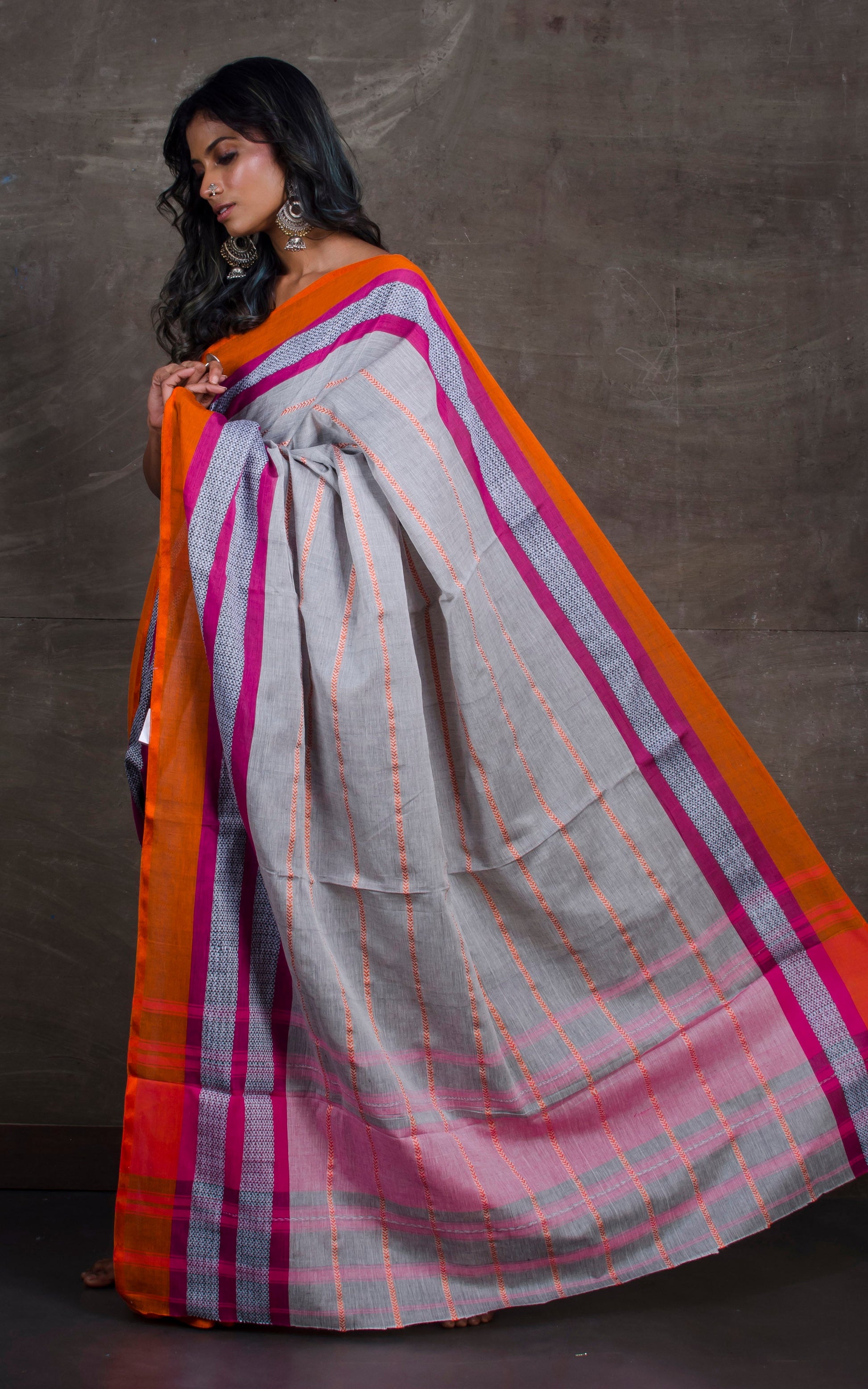 Bengal Handloom Designer Cotton Saree in Grey, Magenta and Orange