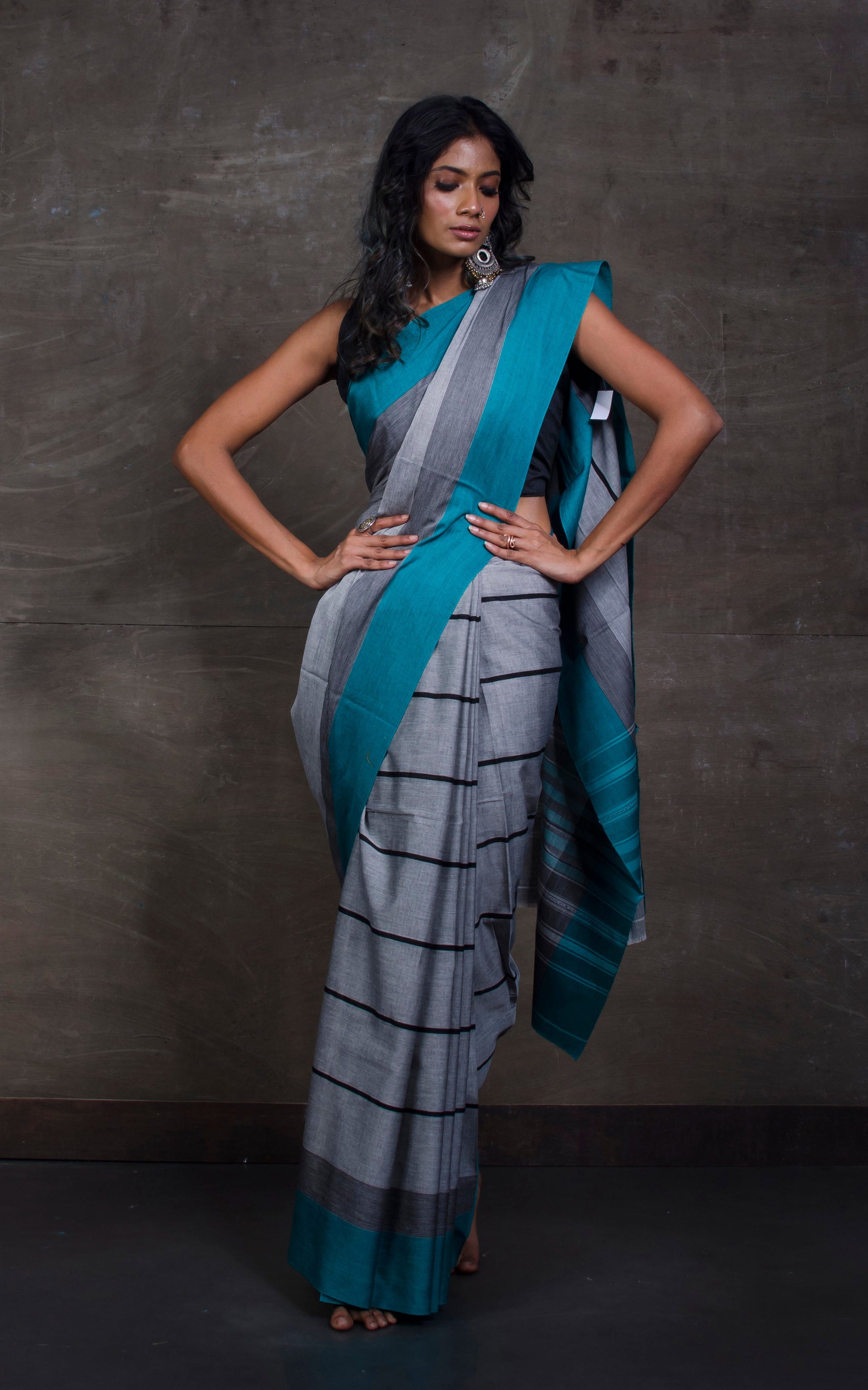 Bengal Handloom Designer Cotton Saree in Light Grey, Black and Teal