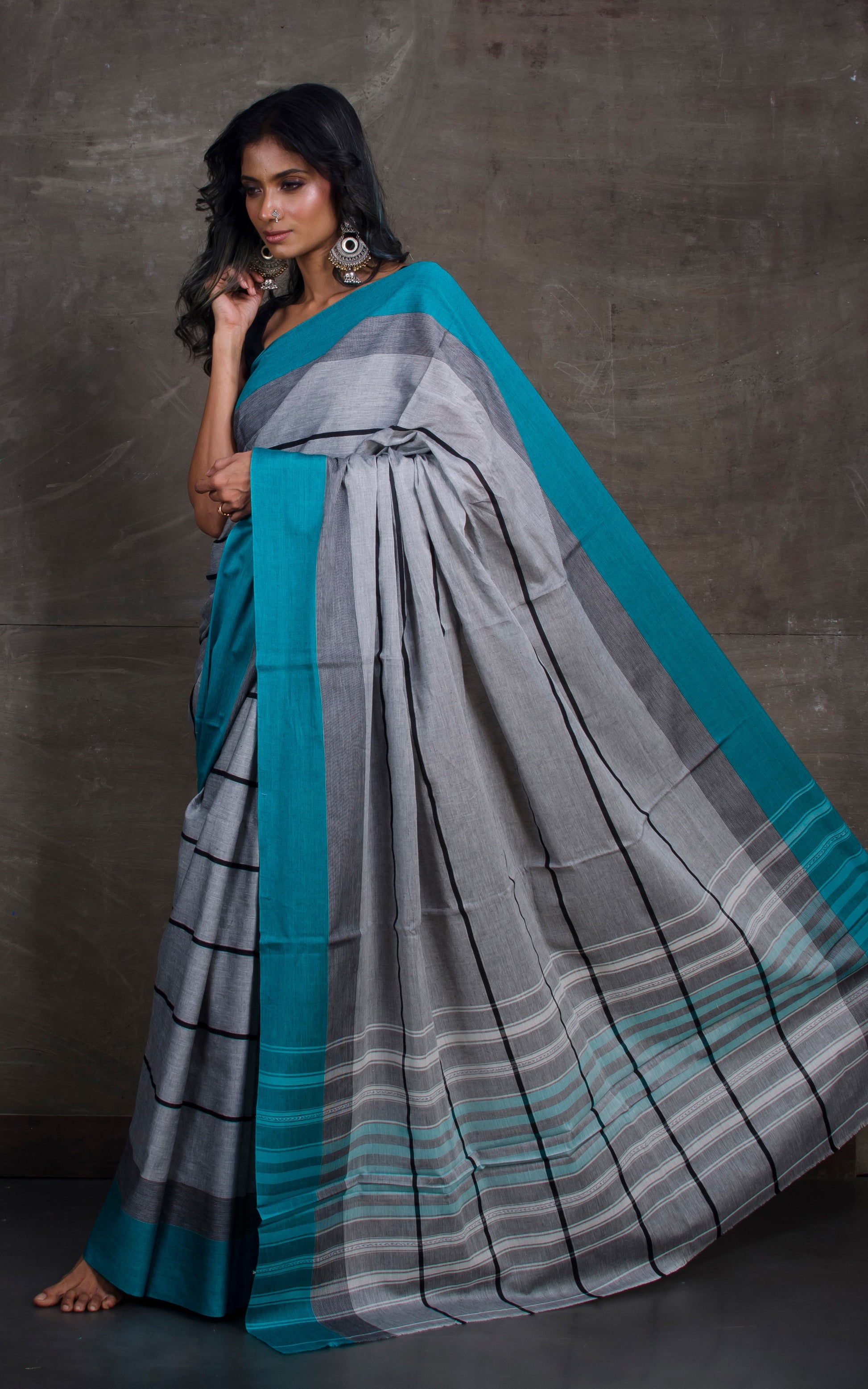 Bengal Handloom Designer Cotton Saree in Light Grey, Black and Teal