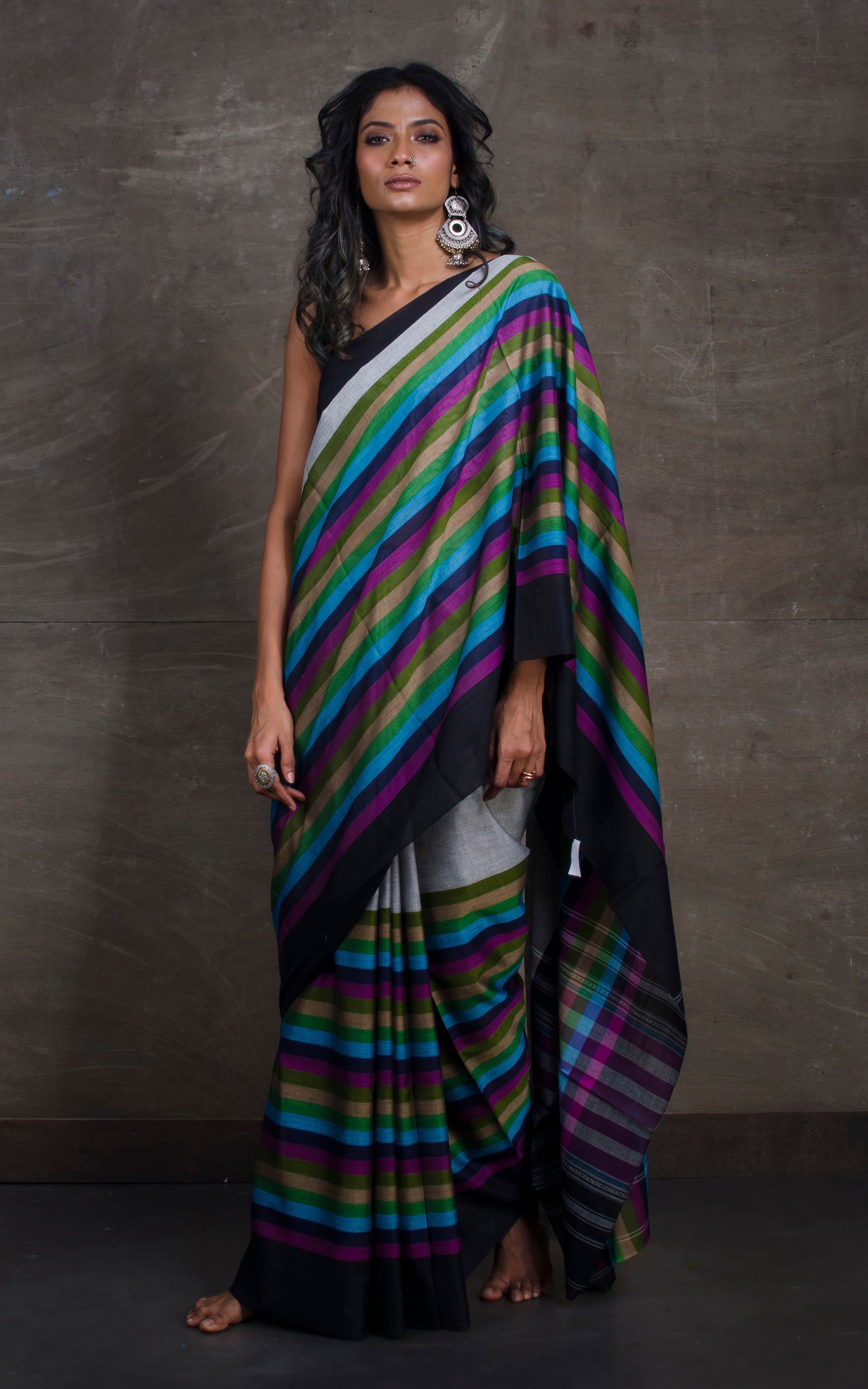 Bengal Handloom Designer Cotton Saree in Light Grey, Black and Multicolored