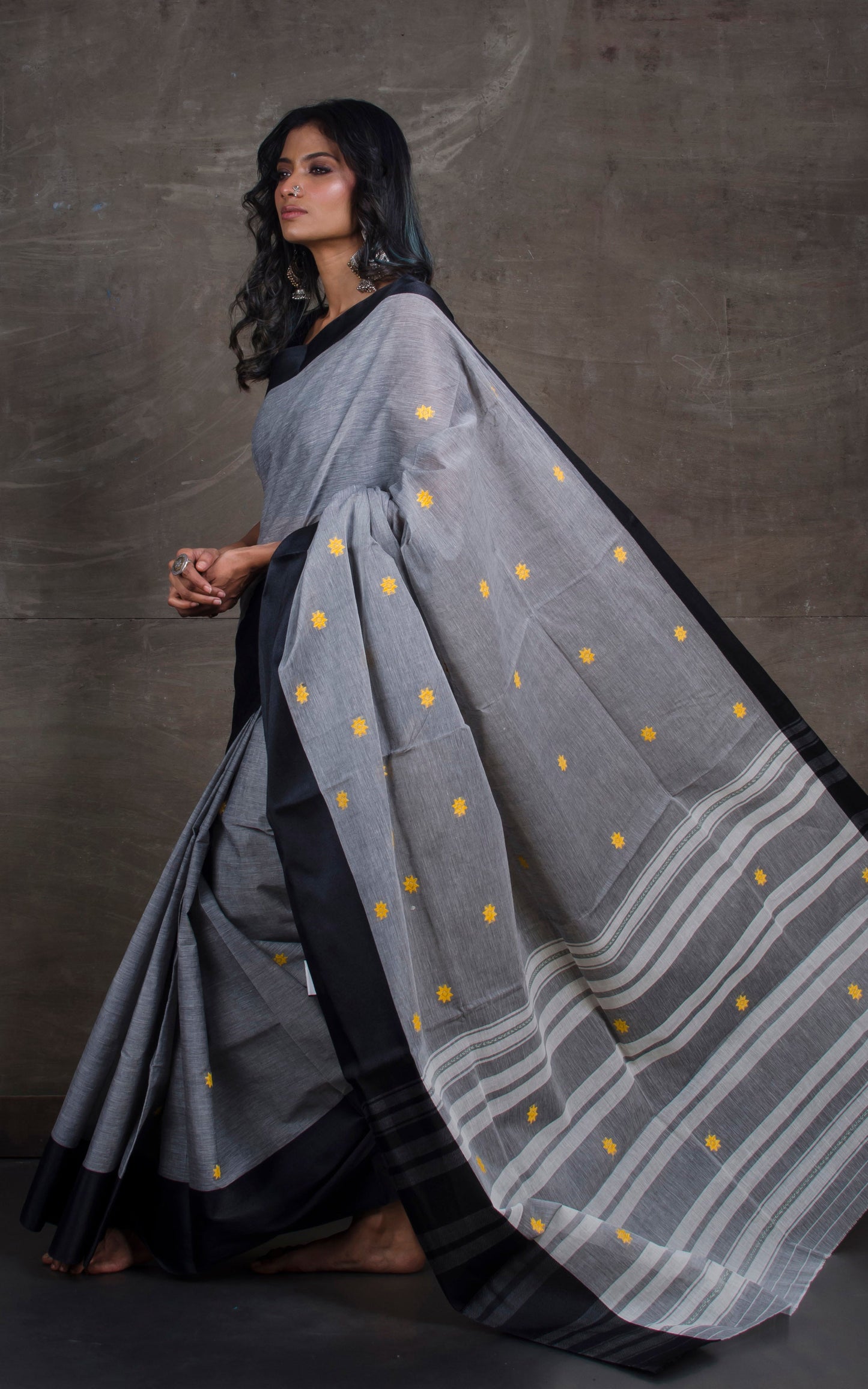 Bengal Handloom Satin SIlk Border Cotton Saree in Steel Grey and Zed Black