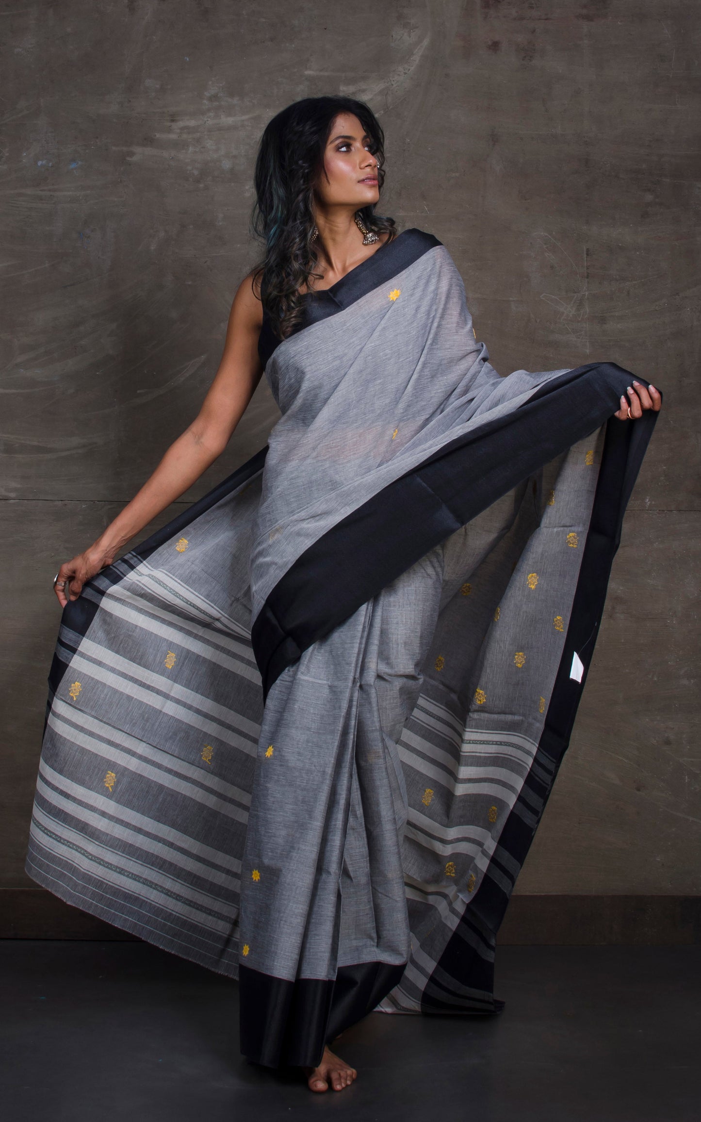 Bengal Handloom Satin SIlk Border Cotton Saree in Steel Grey and Zed Black