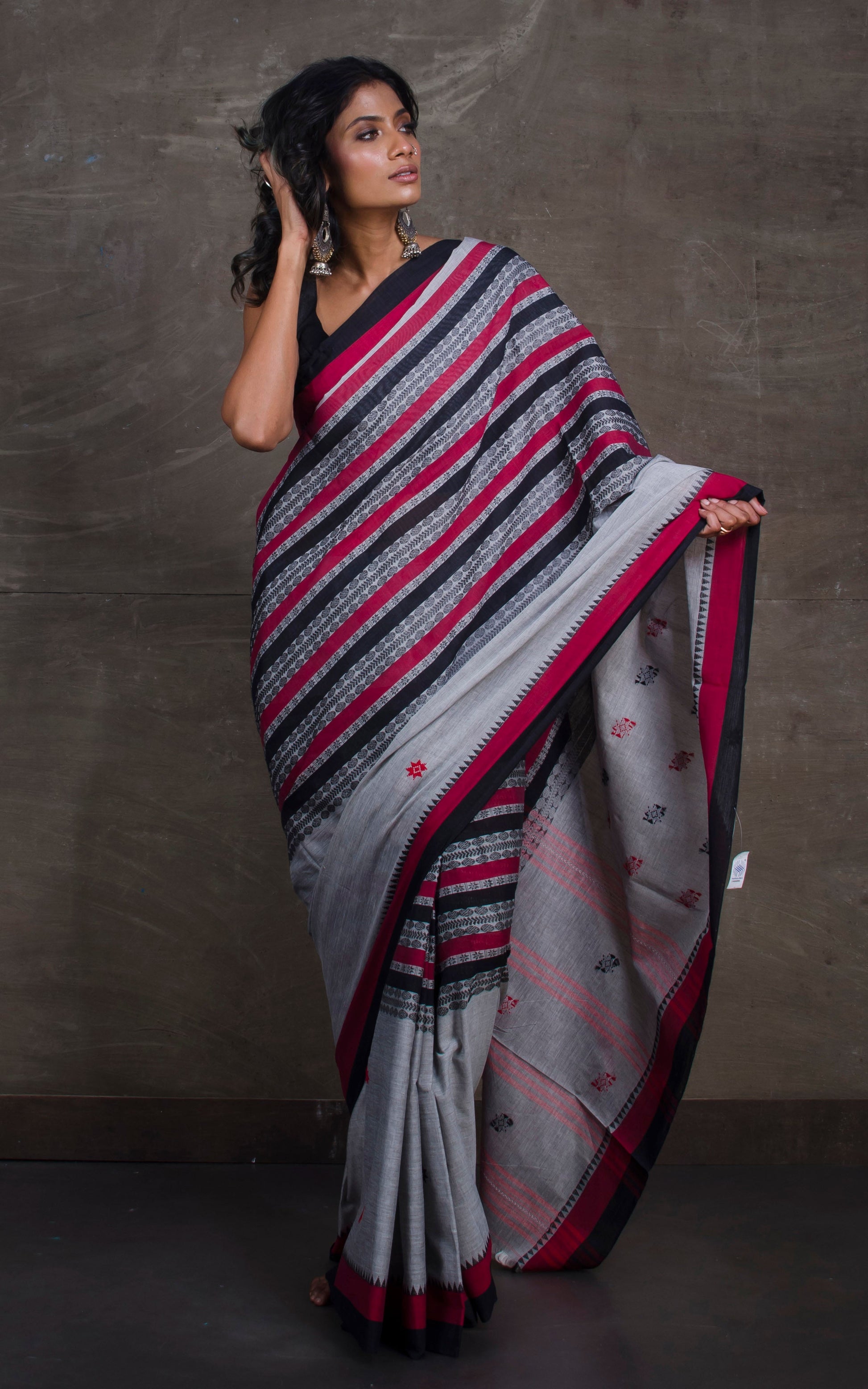 Bengal Handloom Begampuri Cotton Saree in Grey, Black and Dark Red