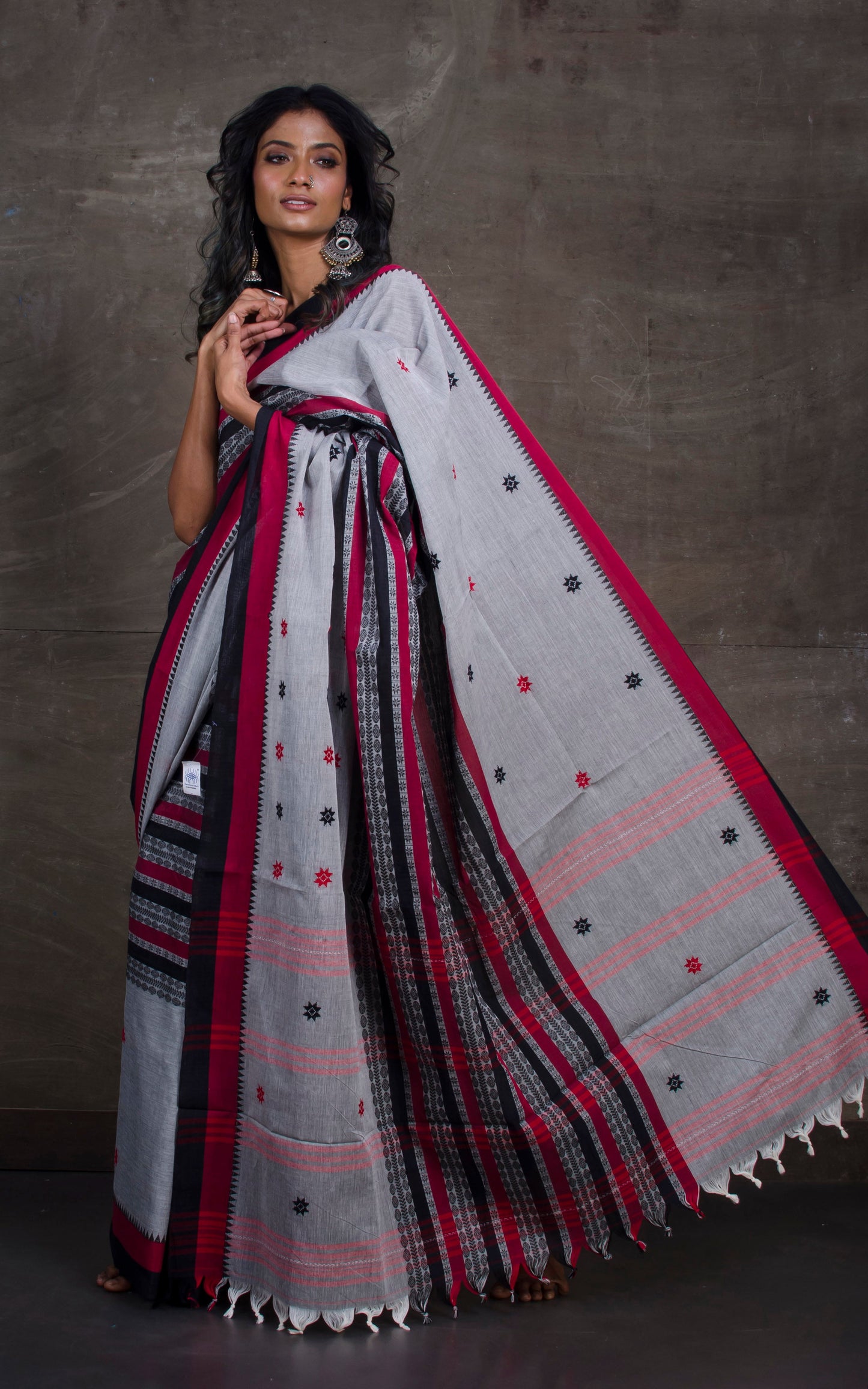 Bengal Handloom Begampuri Cotton Saree in Grey, Black and Dark Red