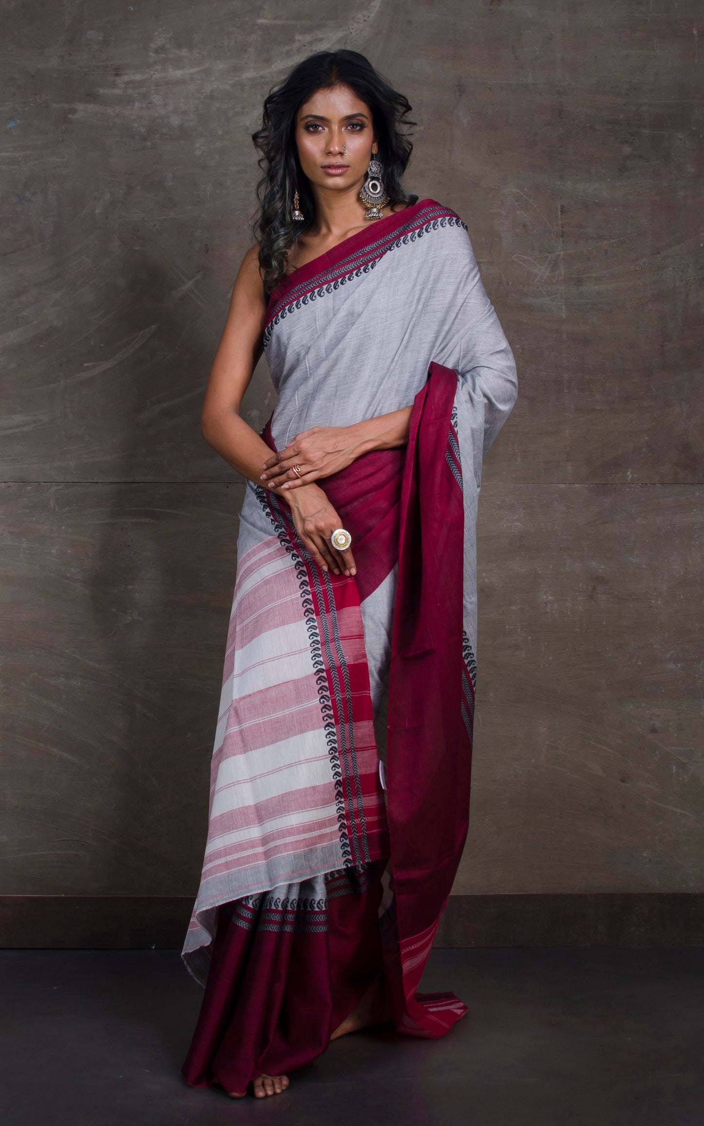 Bengal Handloom Designer Cotton Saree in Grey, Maroon and Black