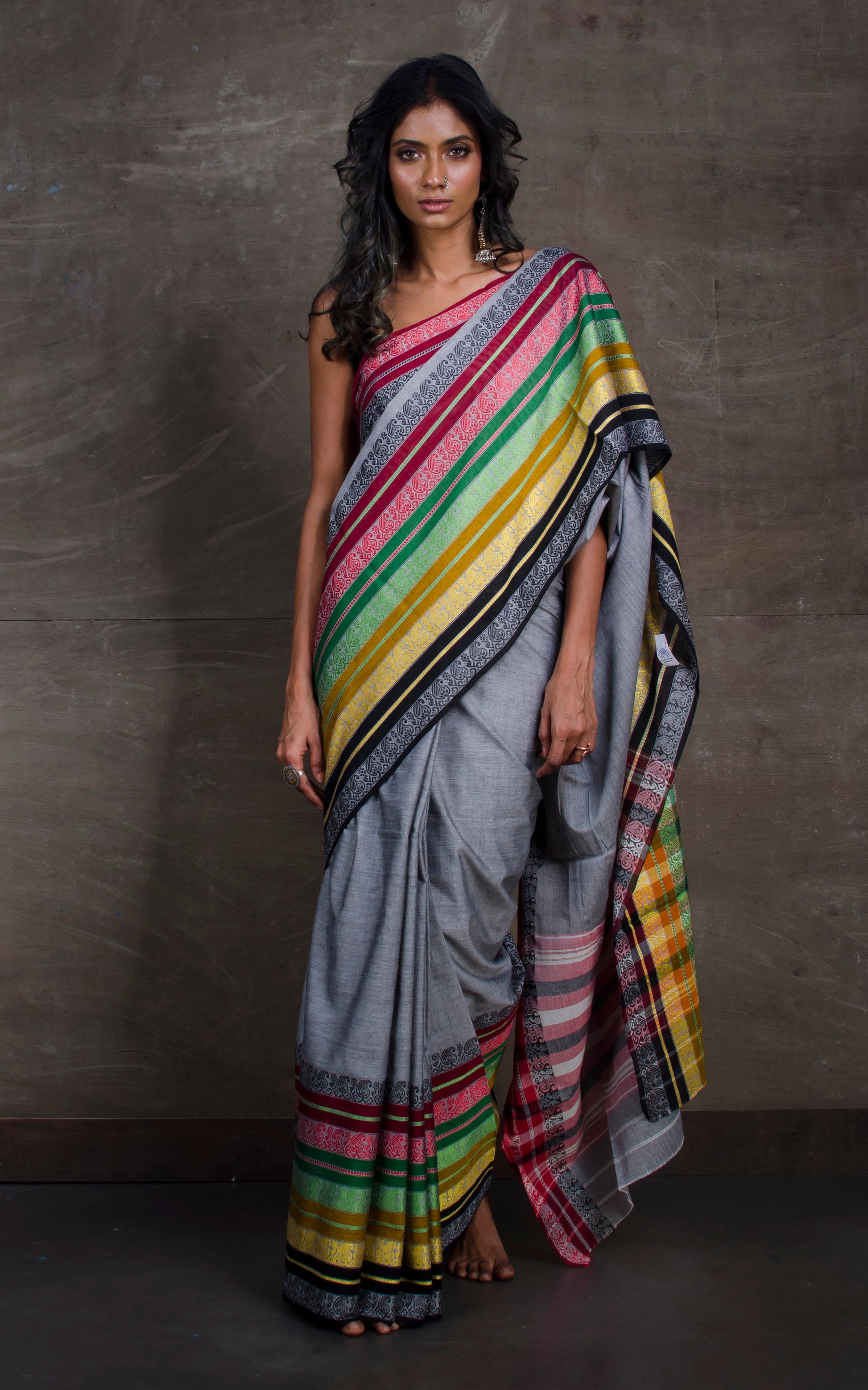 Mahapar Woven Nakshi Border Bengal Handloom Designer Cotton Saree in Grey and Multicolored