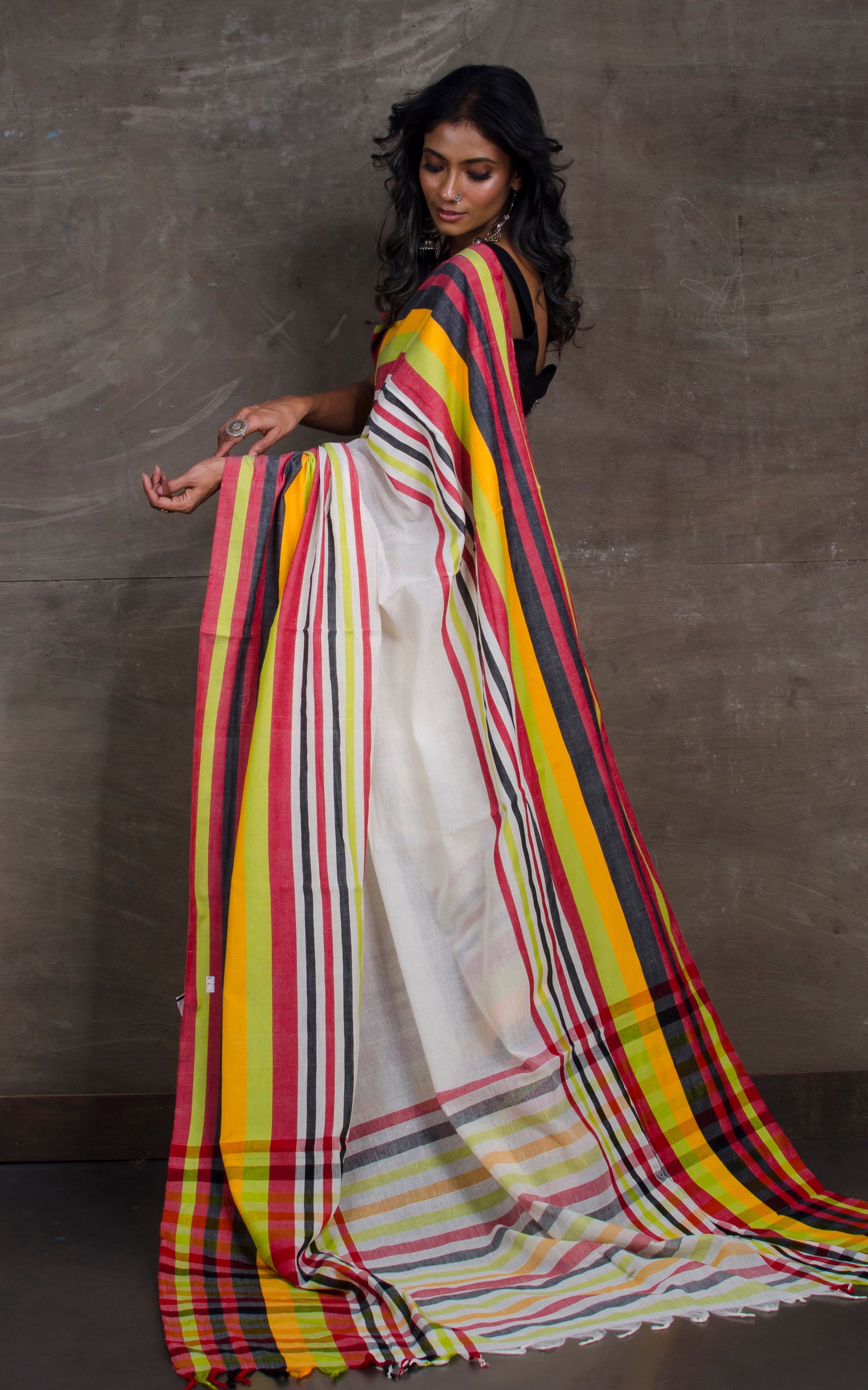 Designer Stripes Border Bengal Handloom Cotton Saree in Off White, Red and Multicolored