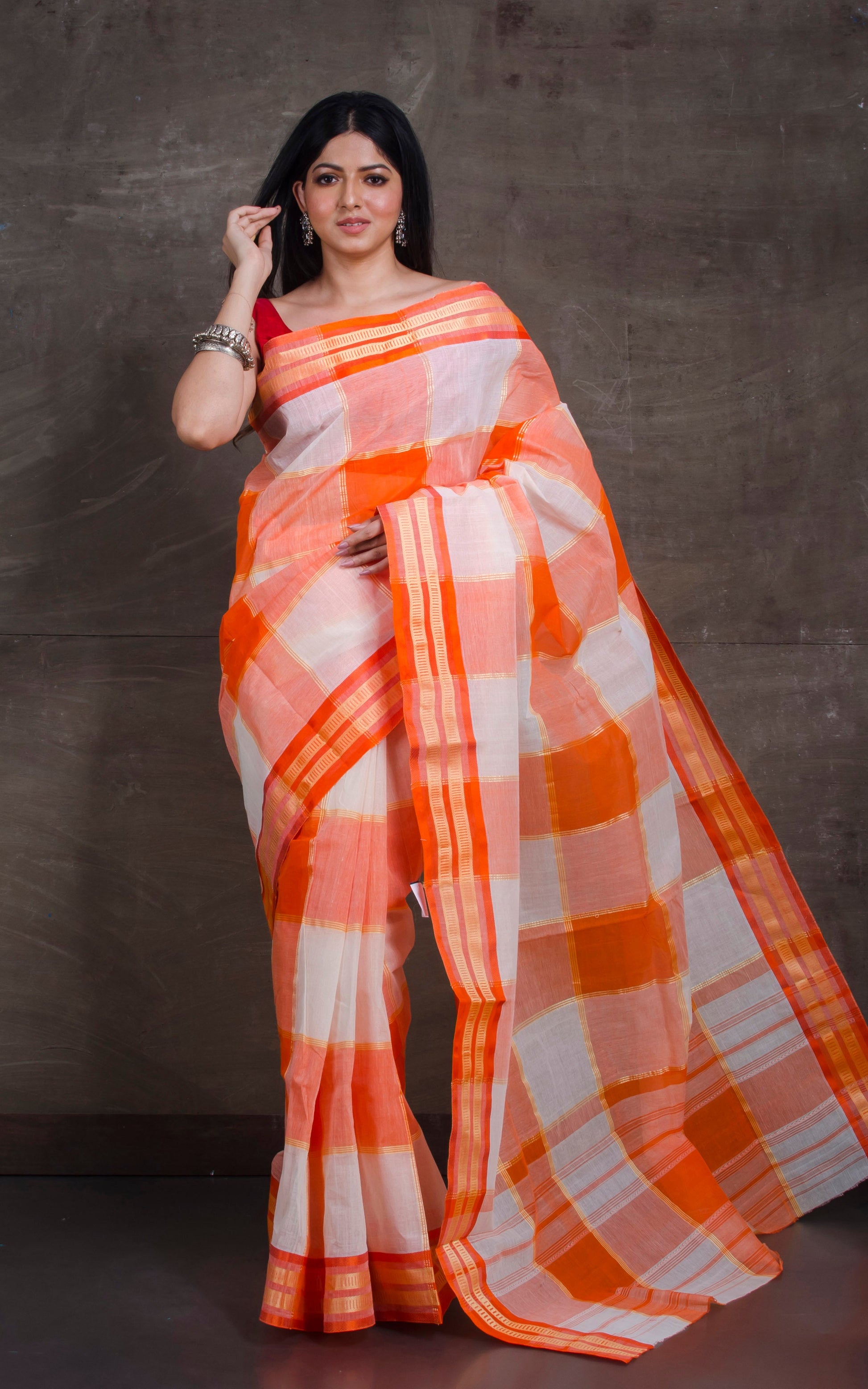 Aaina Checks Bengal Handloom Cotton Saree in Orange and Off White