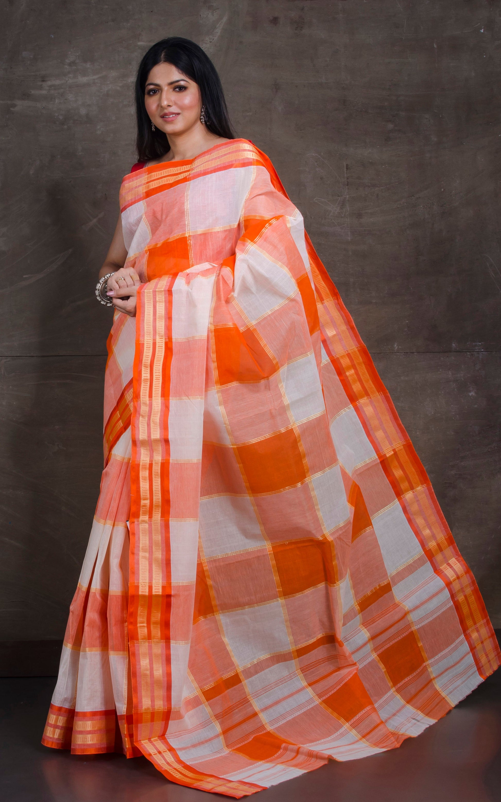 Aaina Checks Bengal Handloom Cotton Saree in Orange and Off White