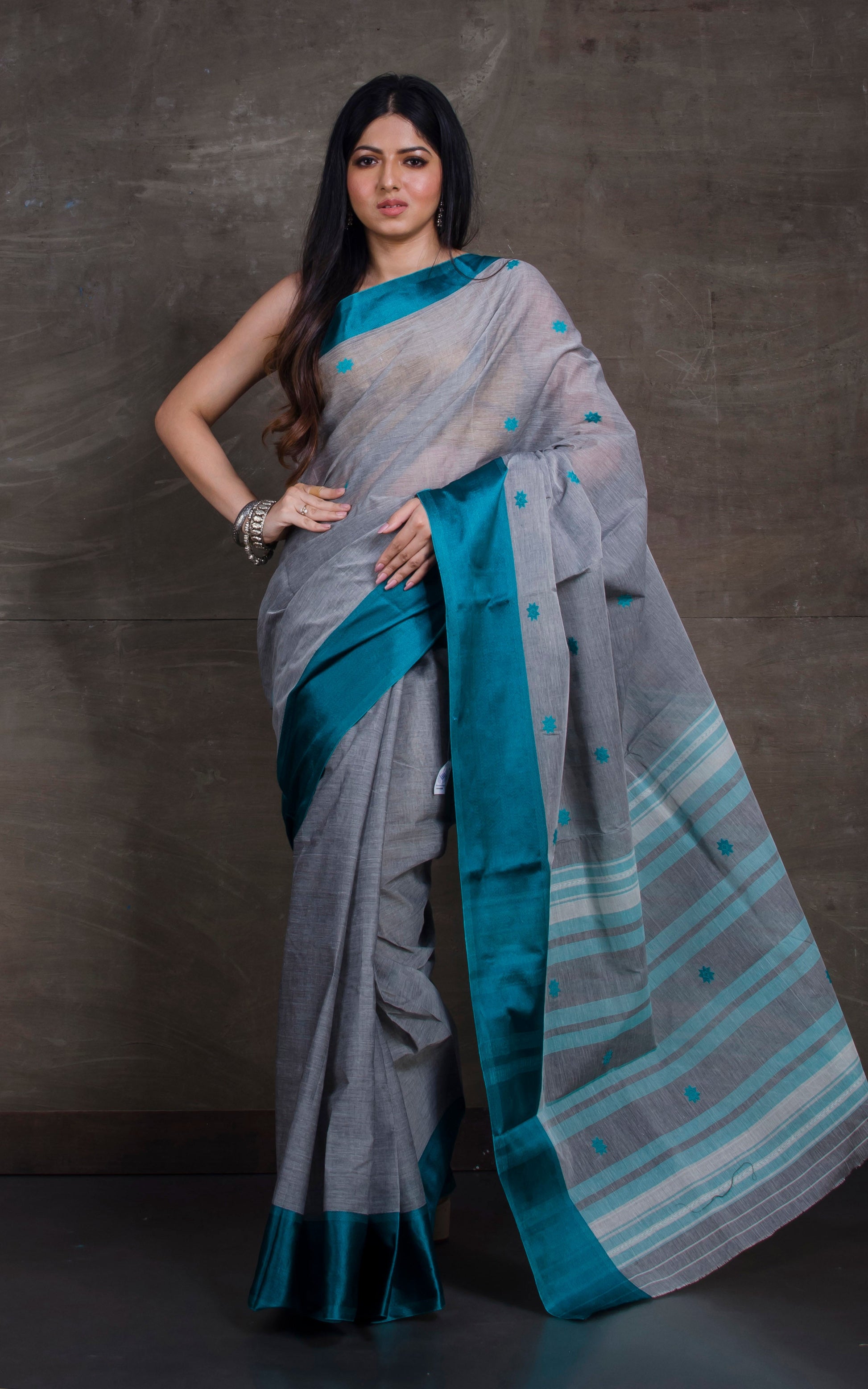 Bengal Handloom Satin Silk Border Cotton Saree in Steel Grey and Crystal Teal