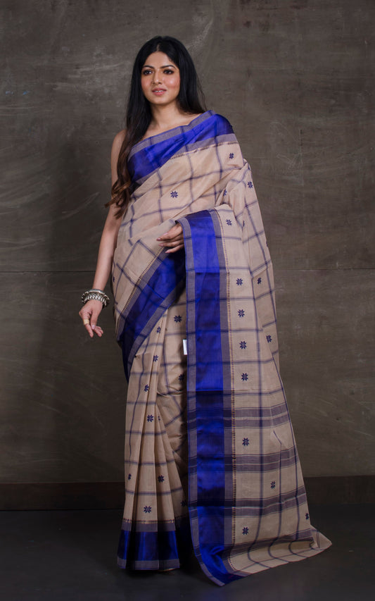 Bengal Handloom Begampuri Checks Cotton Saree in Mud Grey and Dark Blue