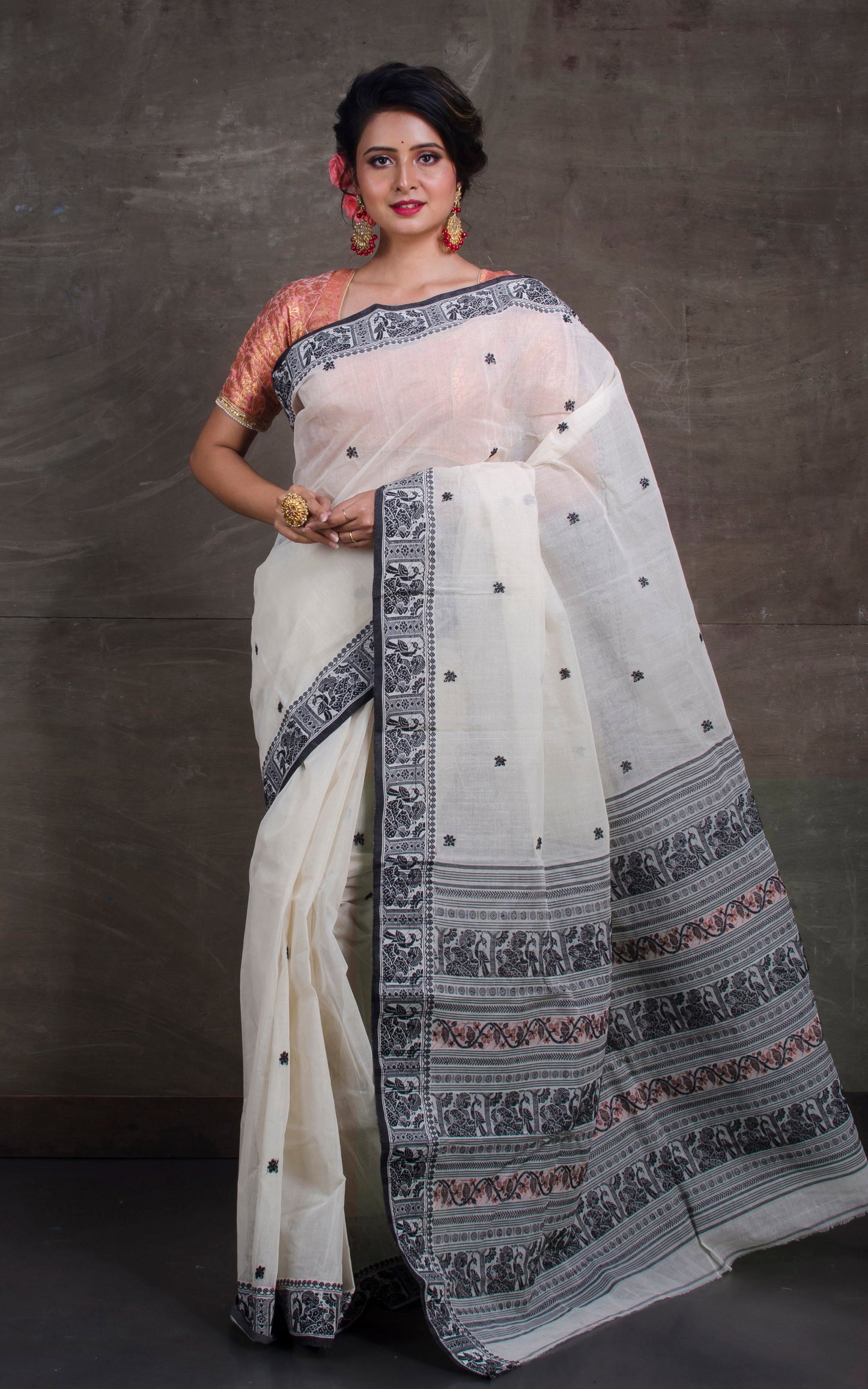 Bengal Handloom Cotton Baluchari Saree in Off White, Black and Dark Beige