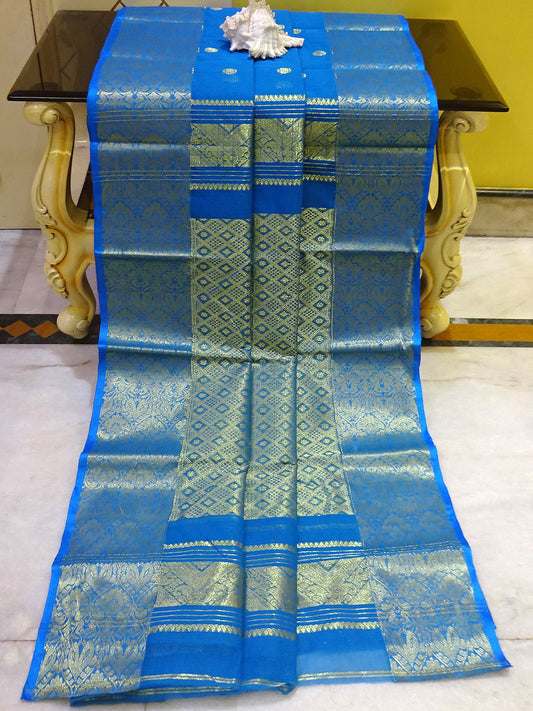 Bengal Handloom Tanchui Work  Patli Pallu Saree in Ultramarine Blue and Gold