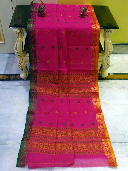 Medium Size Nakshi Border Bengal Handloom Cotton Saree in Hot Pink, Sunset Orange & Pine Green