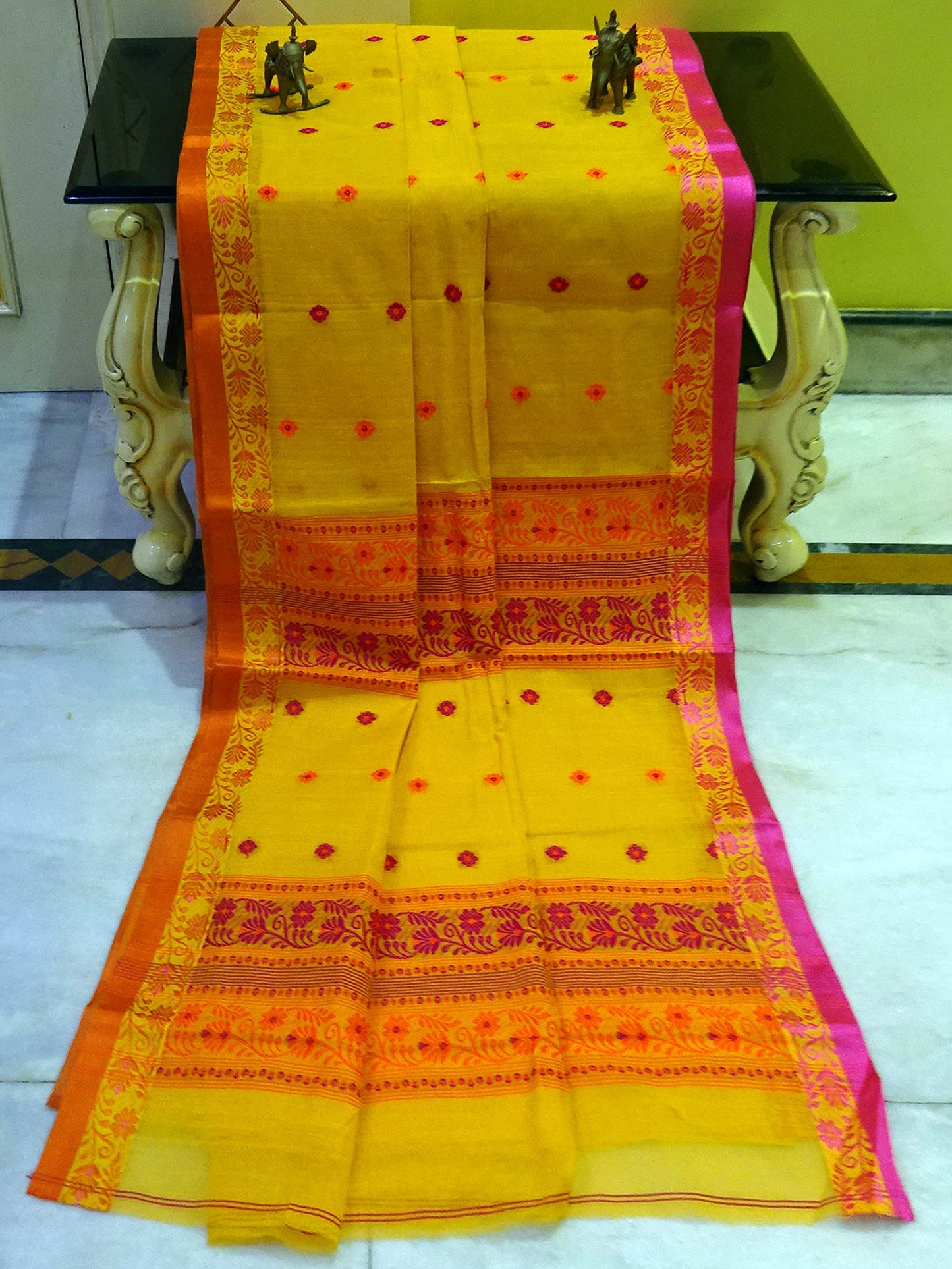 Medium Size Nakshi Border Bengal Handloom Cotton Saree in Yellow, Hot Pink & Orange