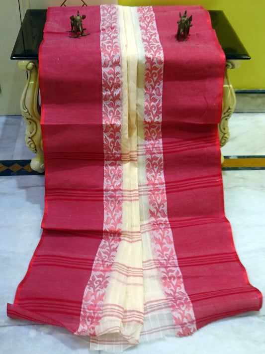 Sil Nakshi Border Bengal Handloom Cotton Saree in Off White and Red