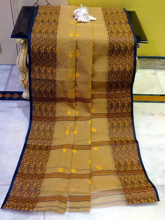 Thread Nakshi Border Bengal Handloom Cotton Saree in Khaki, Midnight Blue and Yellow
