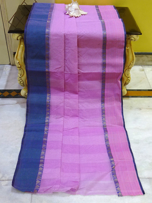 Traditional Woven Stripes Bengal Cotton Tangail Saree in Pastel Pink, and Prussian Blue
