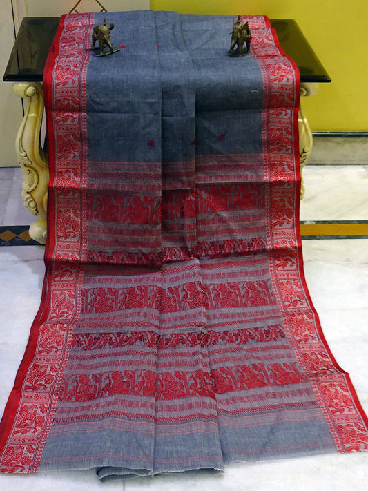 Bengal Handloom Cotton Baluchuri Saree in Metallic Grey and Dark Red