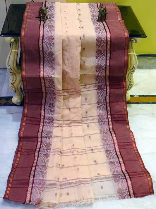 Woven Thread Nakshi Motif Work Bengal Handloom Cotton Saree in Light Brown and Mahogany Red