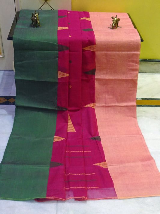 Mahapar Bengal Handloom Cotton Saree in Dark Pink, Hunter Green and Bisque