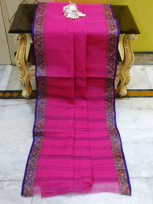 Woven Floral Nakshi Motif Border Work Bengal Handloom Cotton Saree in Hot Pink and Navy Blue