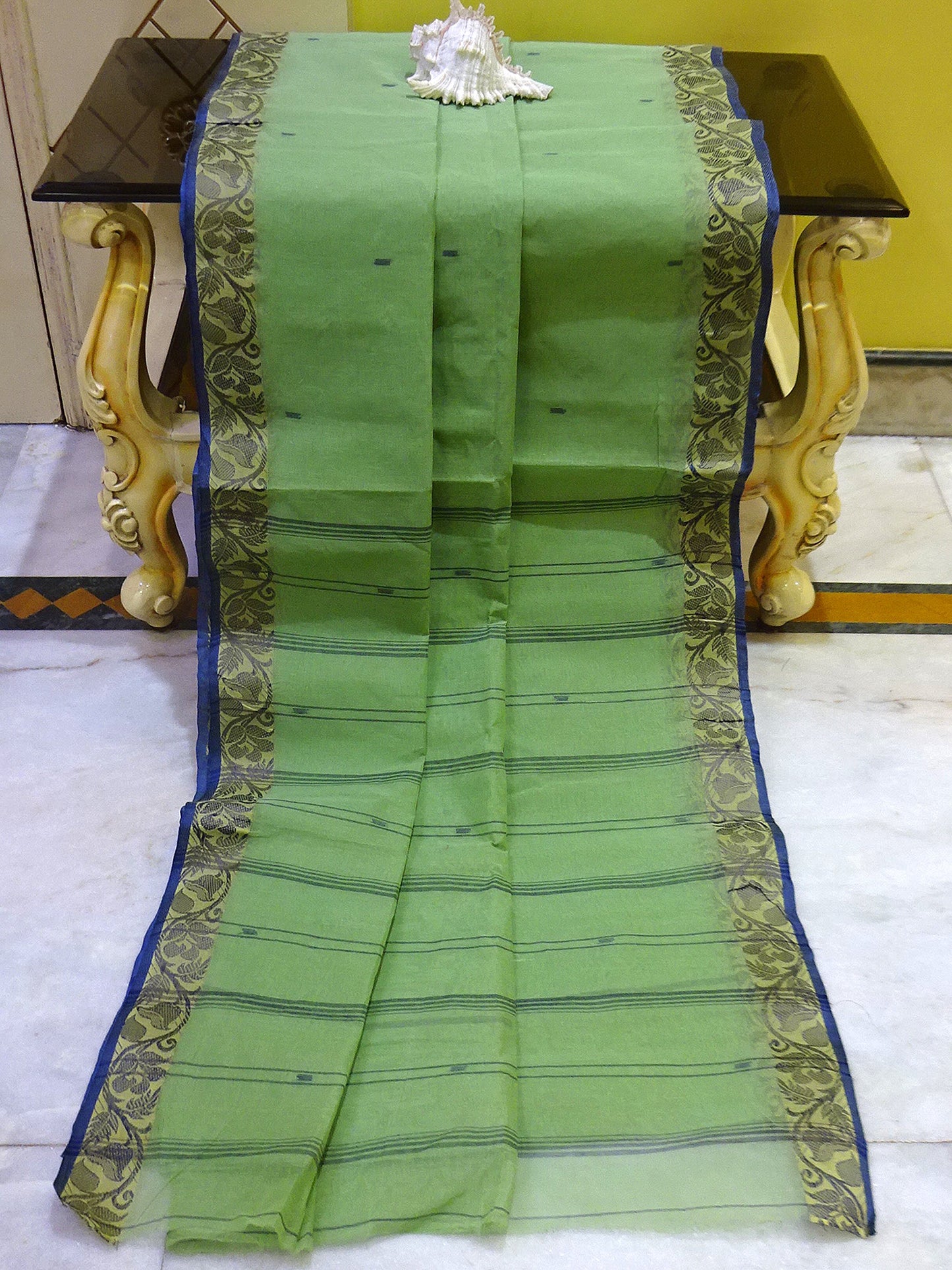 Woven Floral Nakshi Motif Border Work Bengal Handloom Cotton Saree in Celadon Green and Navy Blue