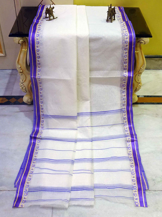 Tangail Cotton Saree in White, Purple and Gold