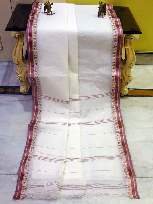 Tangail Cotton Saree in White, Boysenberry and Gold