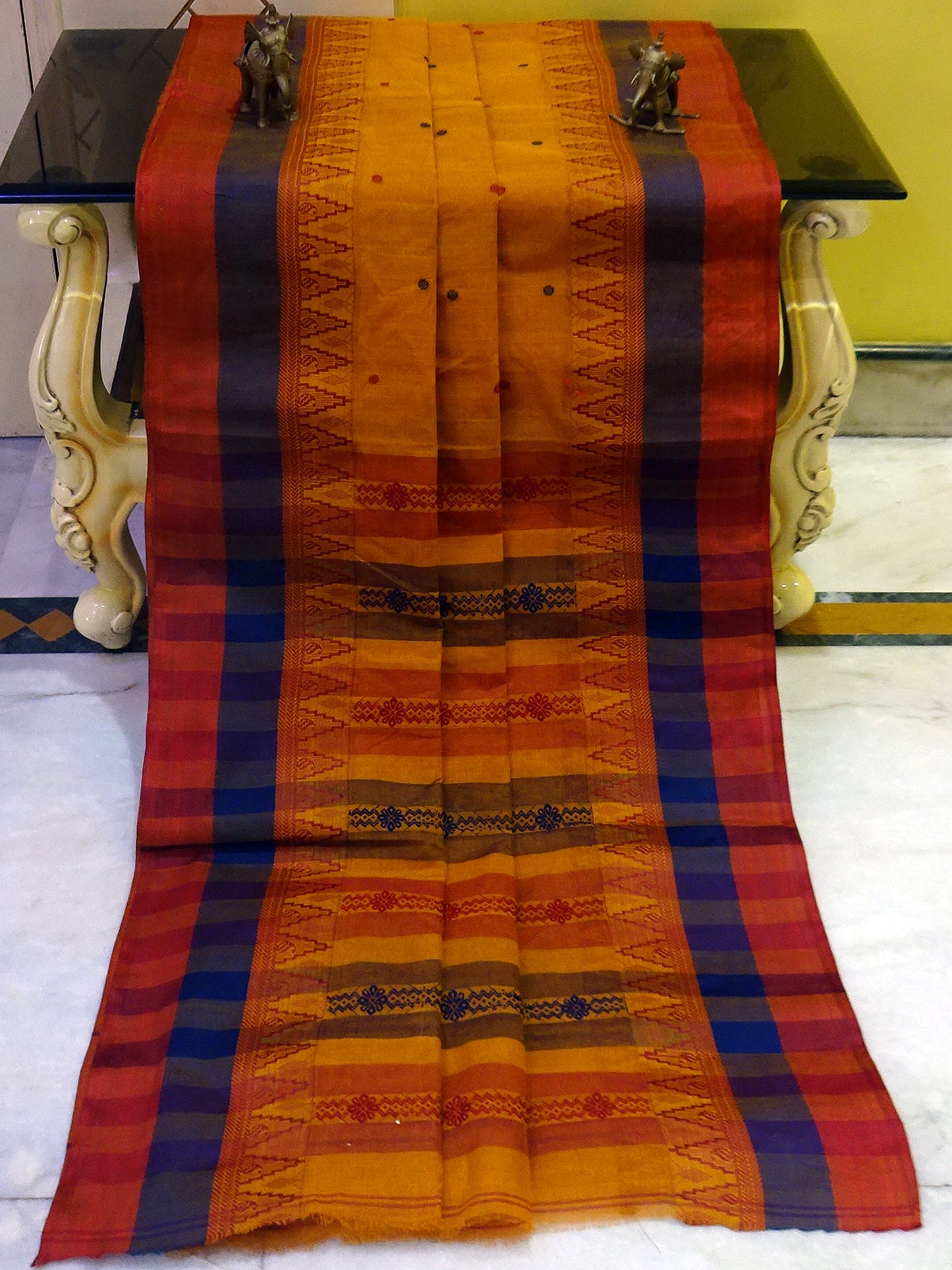 Tangail Cotton Kalakshetra Saree in Mustard Gold, Dark Red and Navy Blue