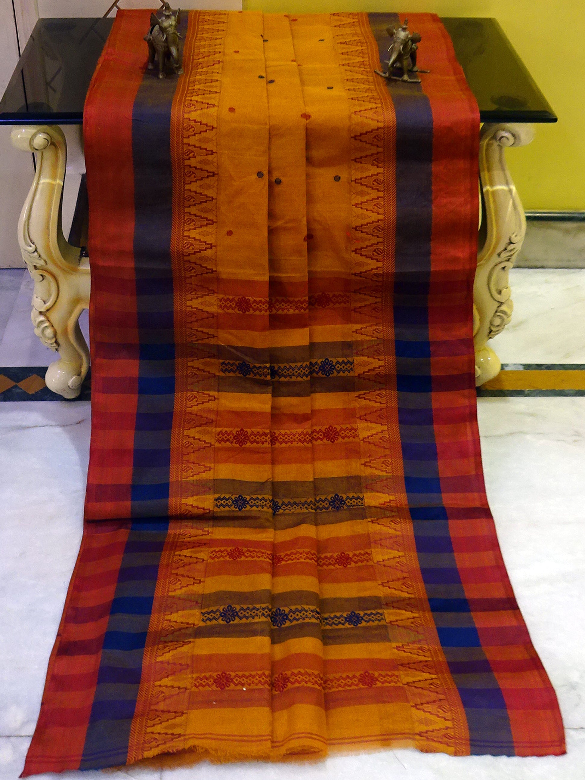 Tangail Cotton Kalakshetra Saree in Mustard Gold, Dark Red and Navy Blue