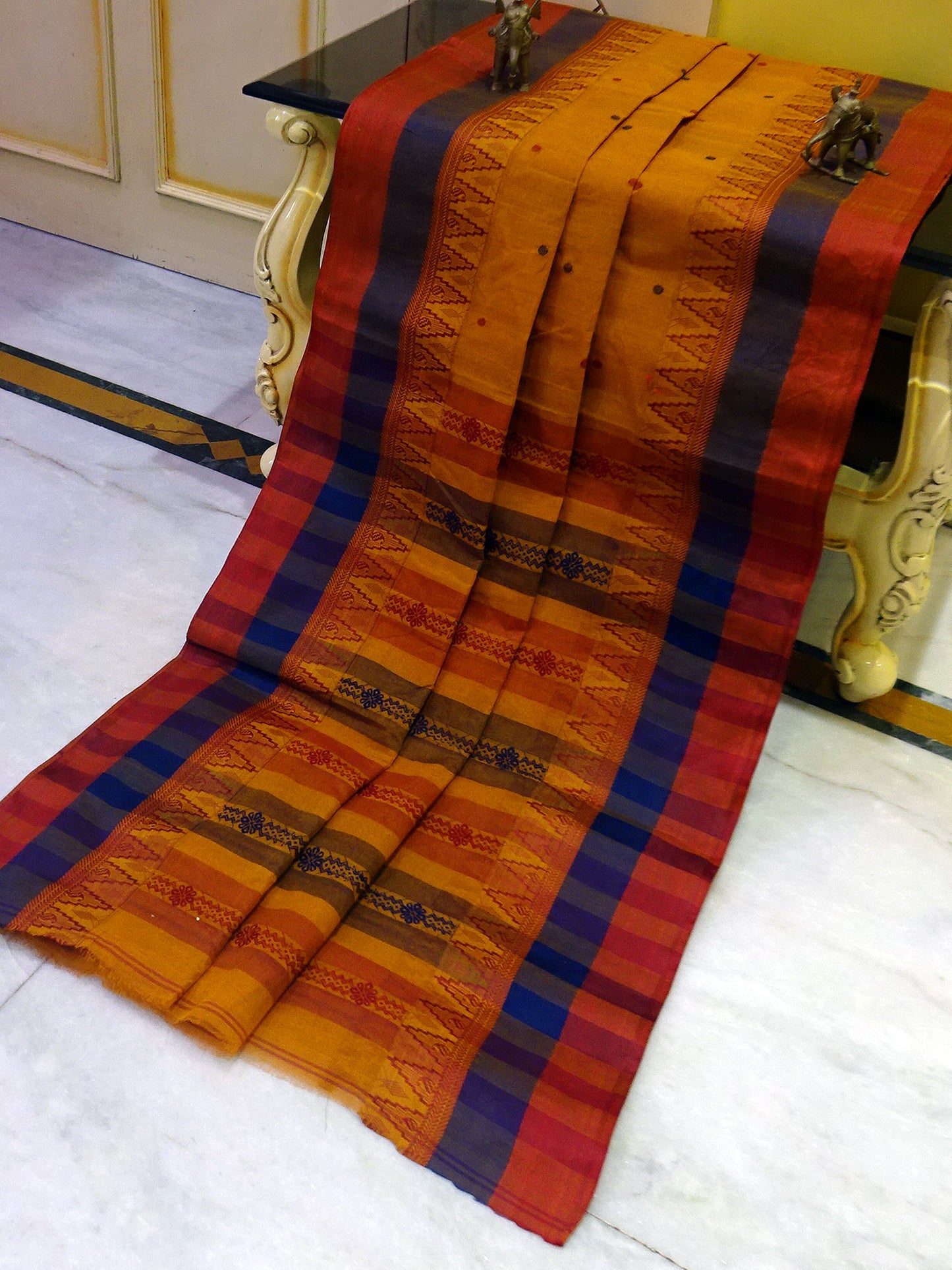 Tangail Cotton Kalakshetra Saree in Mustard Gold, Dark Red and Navy Blue