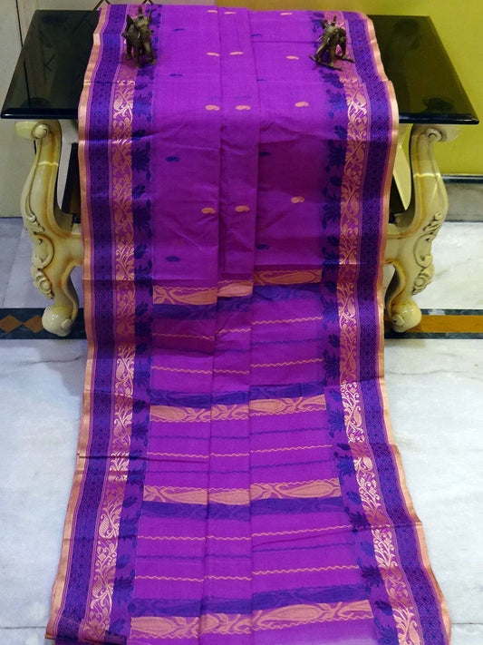 Resham Thread Work Tangail Handloom Cotton Saree in Purple, Beige and Royal Blue