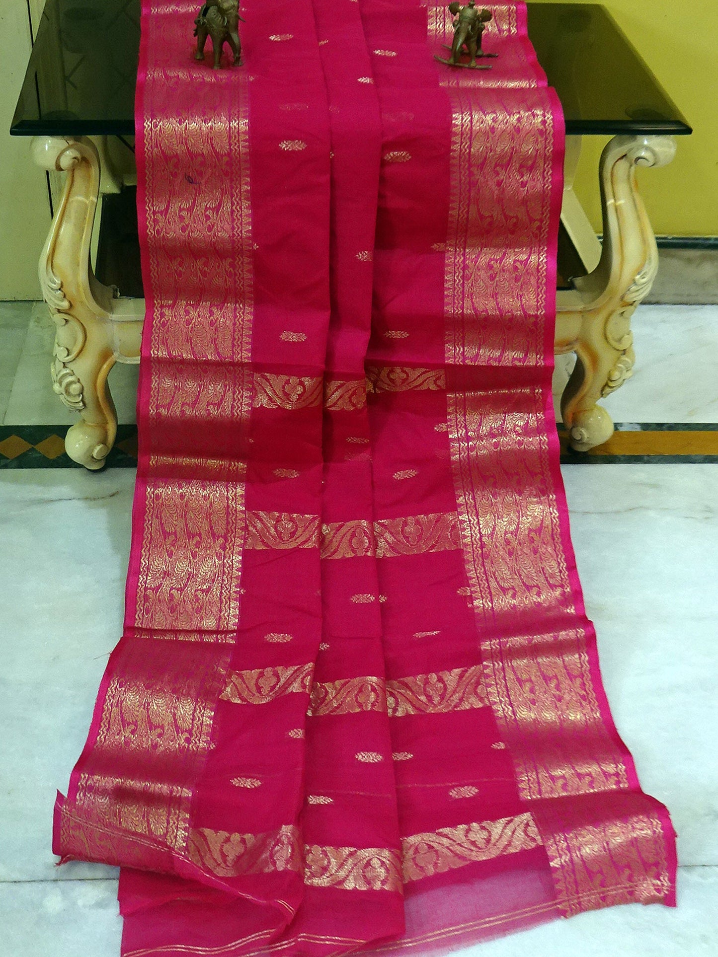 Tangail Handloom Cotton Banarasi Saree in Cerise Pink and Gold Zari Work