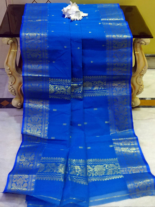 Tangail Handloom Cotton Banarasi Saree in Egyptian Blue and Gold Zari Work