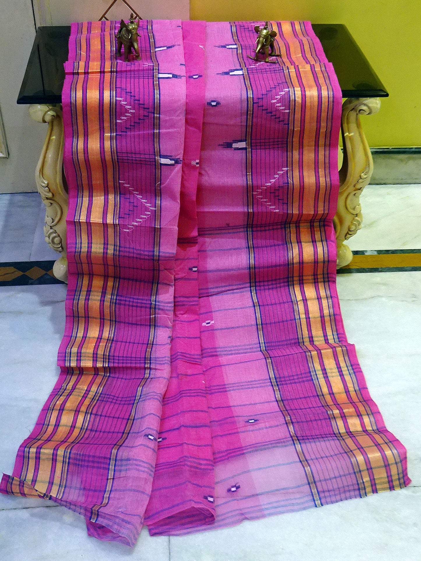 Hand Made Starched Bengal Cotton Tangail Saree in Pink and Multicolored