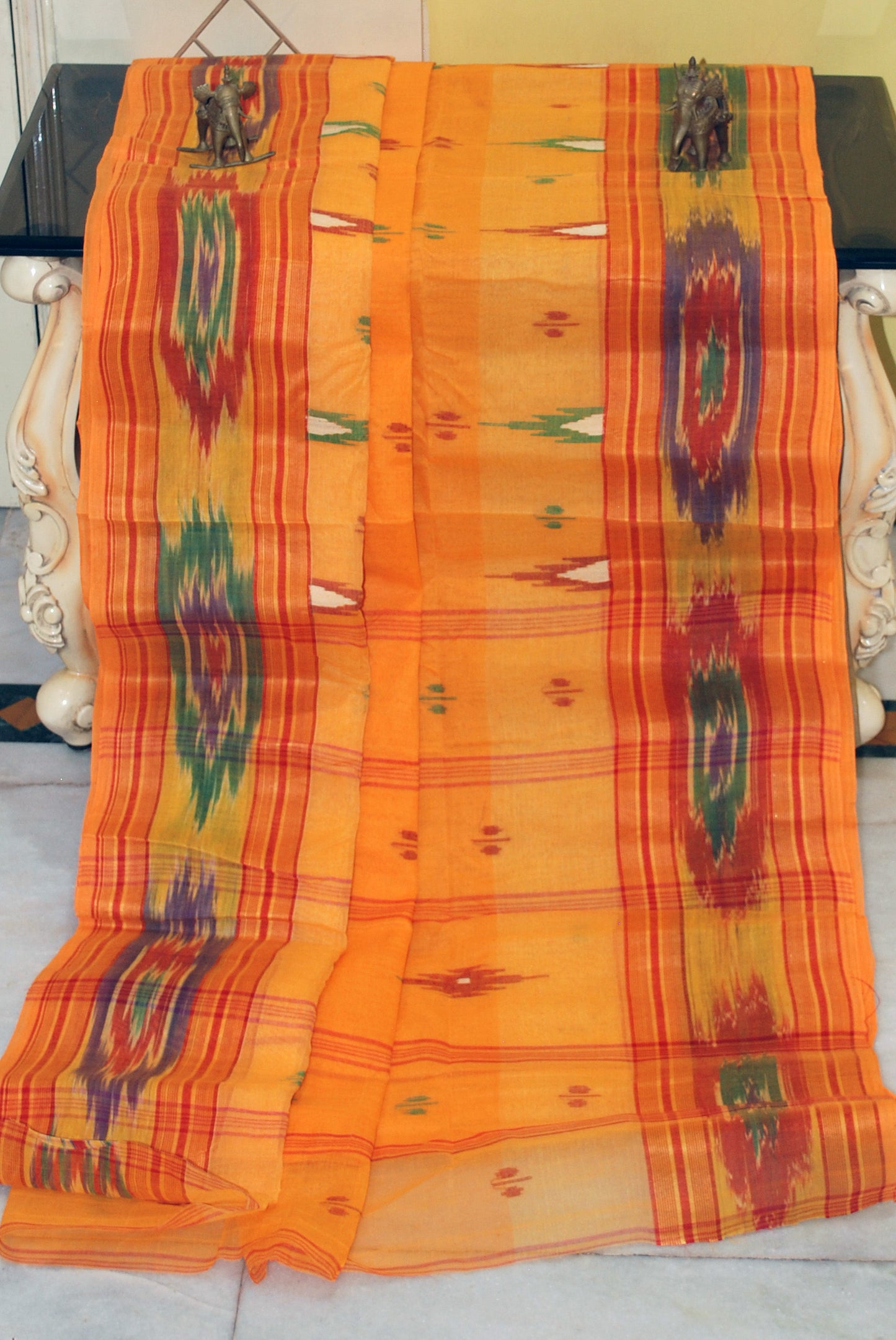 Hand Made Starched Bengal Cotton Tangail Saree in Sunset Yellow and Multicolored