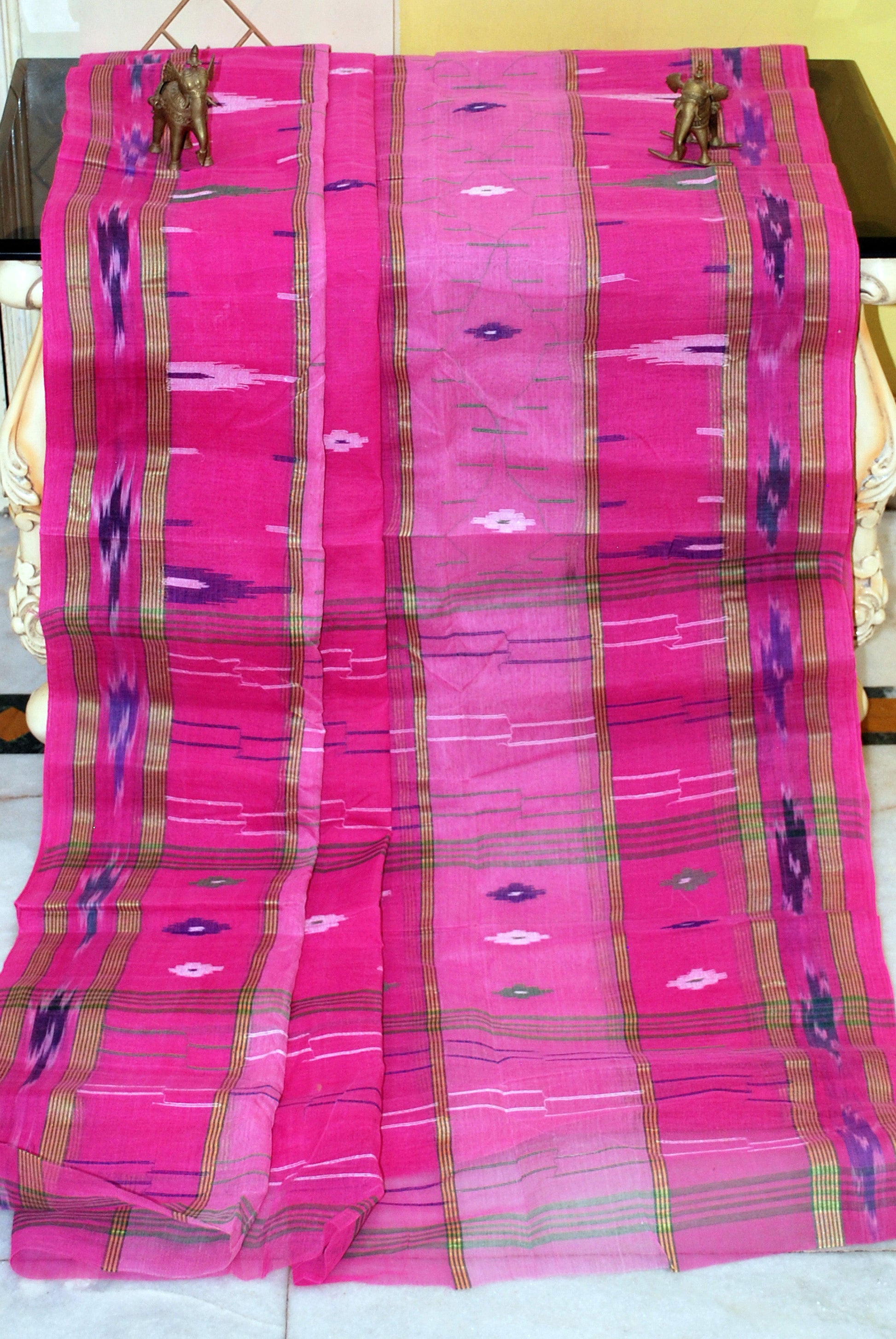 Hand Made Starched Bengal Cotton Tangail Saree in Hot Pink and Multicolored