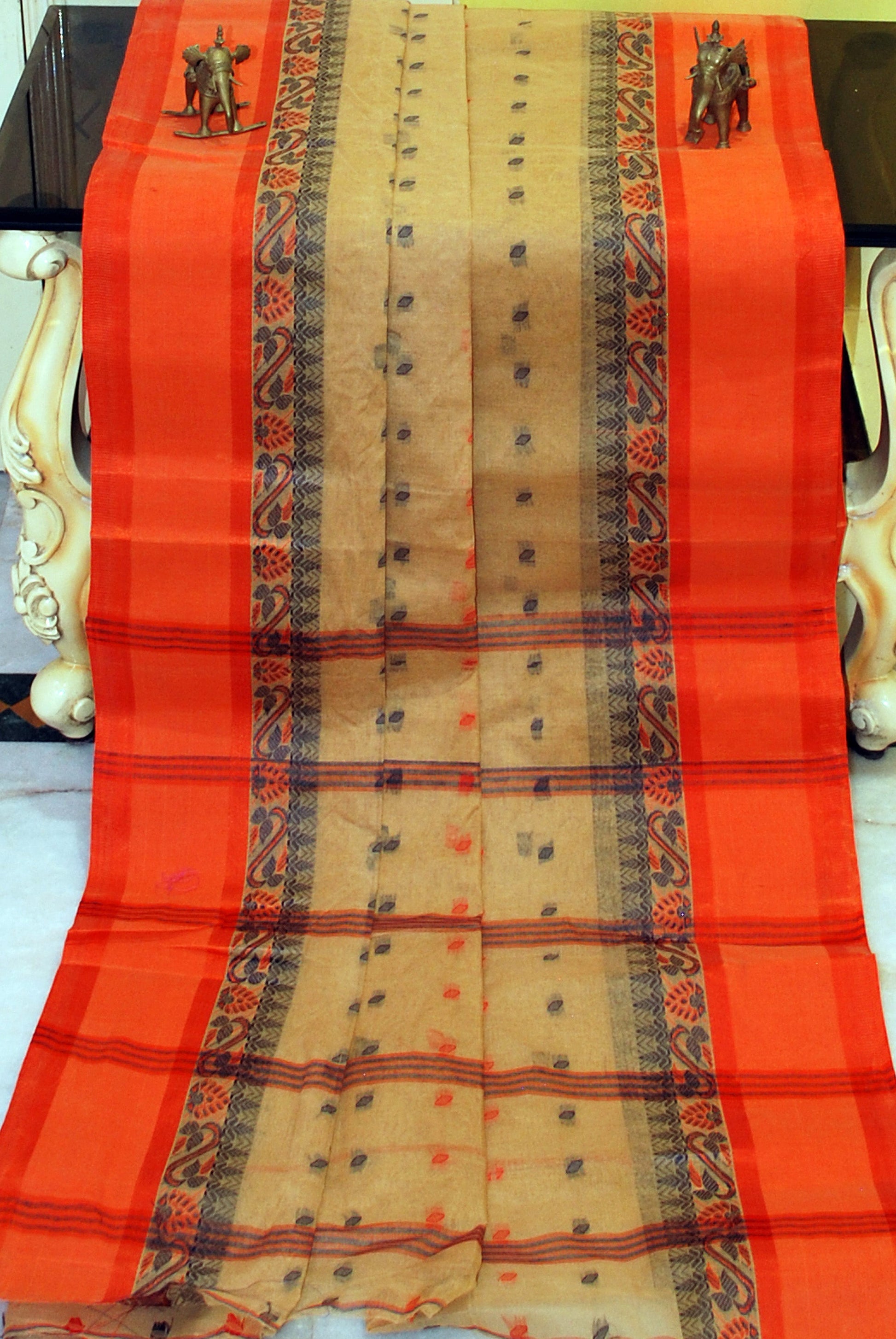 Bengal Handloom Cotton Hazar Buti Saree in Biscotti, Orange and Black