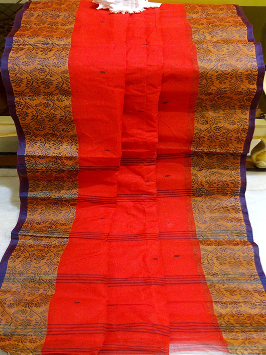 Thread Nakshi Jacket Border Bengal Handloom Cotton Saree in Candy Red, Amber and Navy Blue