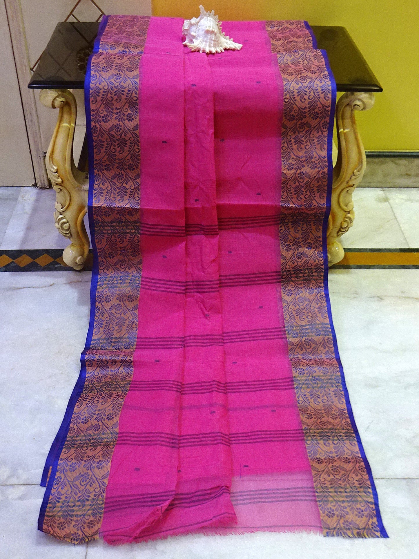 Thread Nakshi Jacket Border Bengal Handloom Cotton Saree in Pink, Dark Beige and Royal Blue